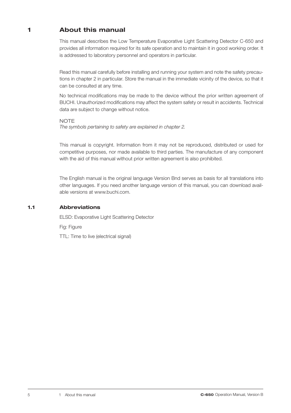 1 about this manual, 1 abbreviations, About this manual | BUCHI ELS Detector C-650 User Manual | Page 5 / 56