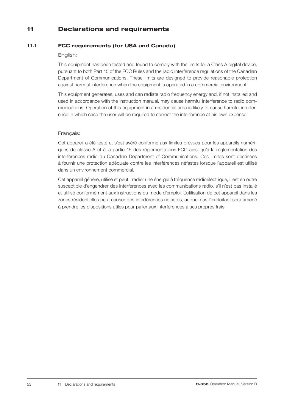 11 declarations and requirements, 1 fcc requirements (for usa and canada), Declarations and requirements | BUCHI ELS Detector C-650 User Manual | Page 53 / 56