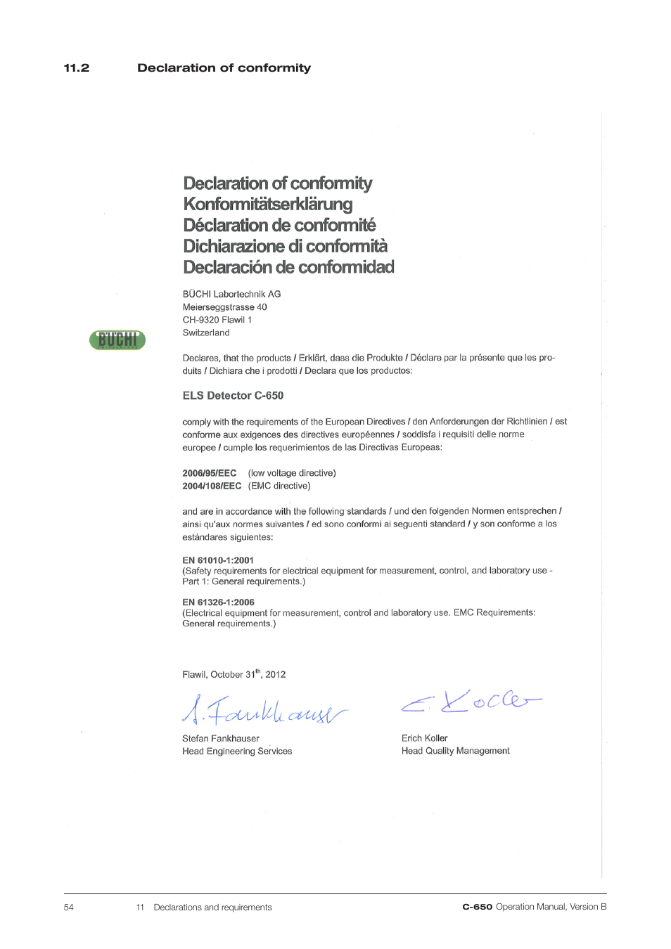 2 declaration of conformity | BUCHI ELS Detector C-650 User Manual | Page 54 / 56