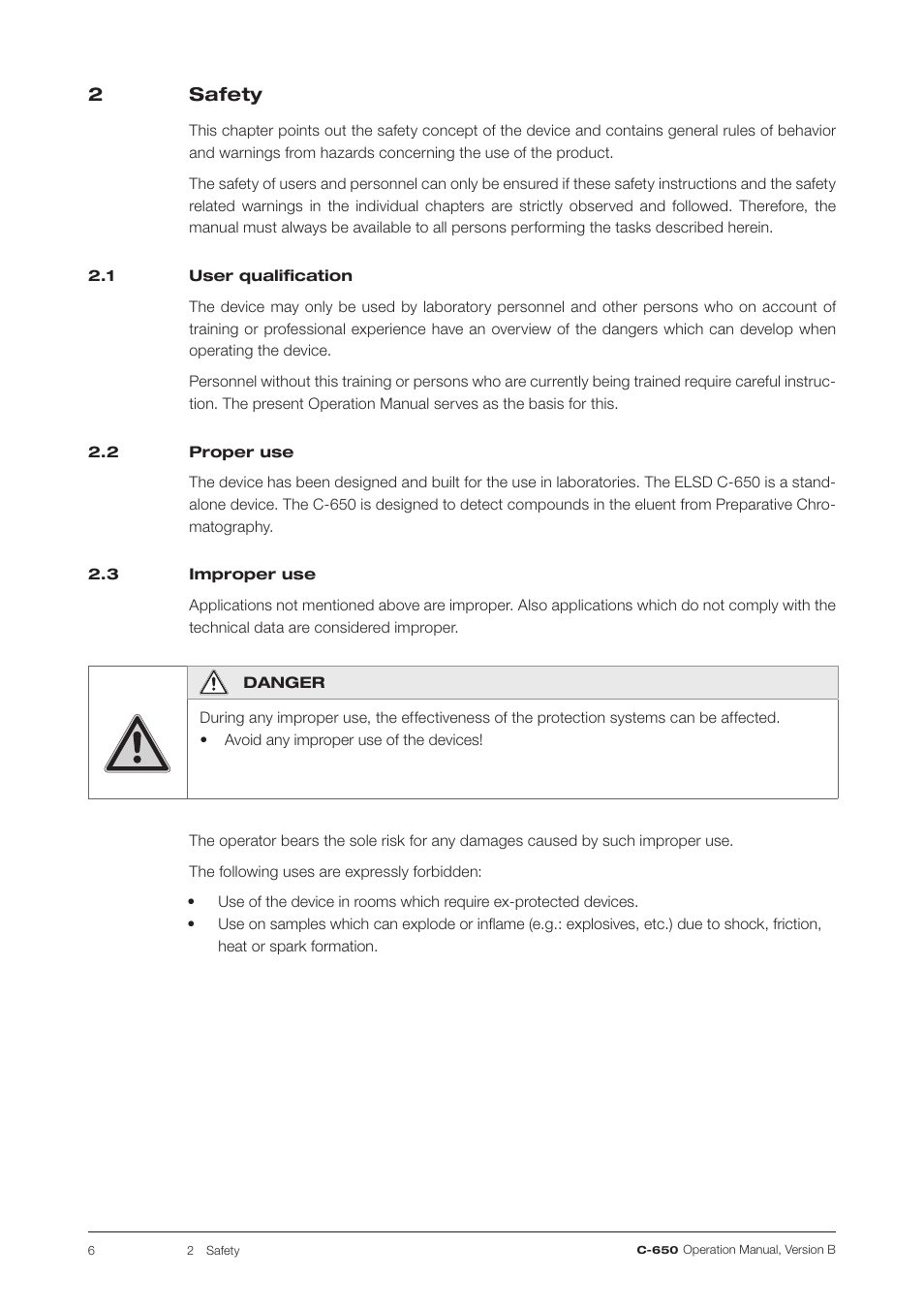 2 safety, 1 user qualification, 2 proper use | 3 improper use, User qualification | BUCHI ELS Detector C-650 User Manual | Page 6 / 56