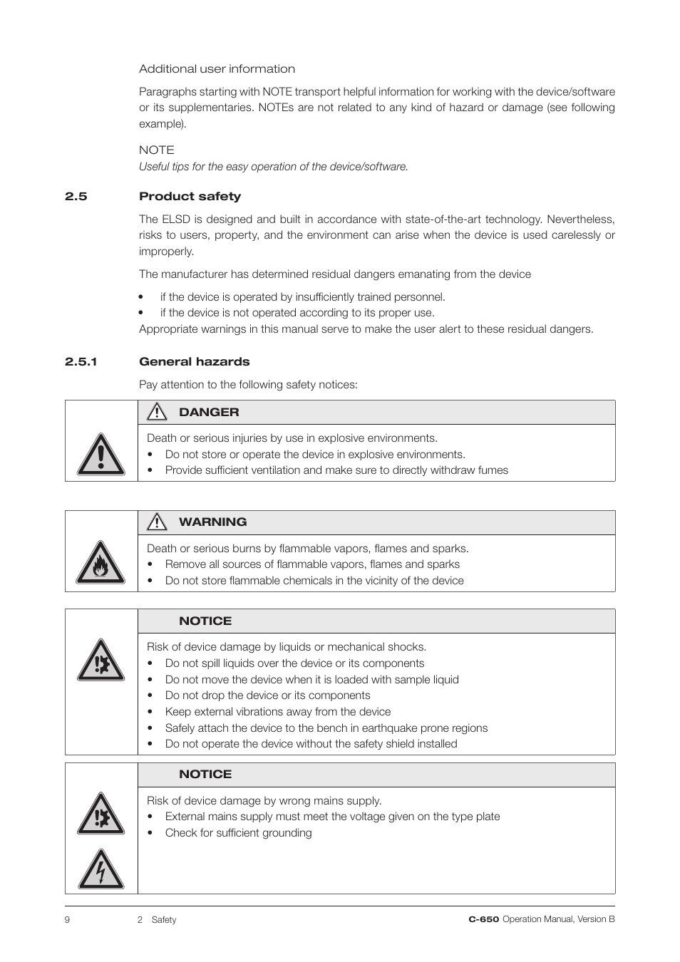 5 product safety, 1 general hazards, General hazards | BUCHI ELS Detector C-650 User Manual | Page 9 / 56