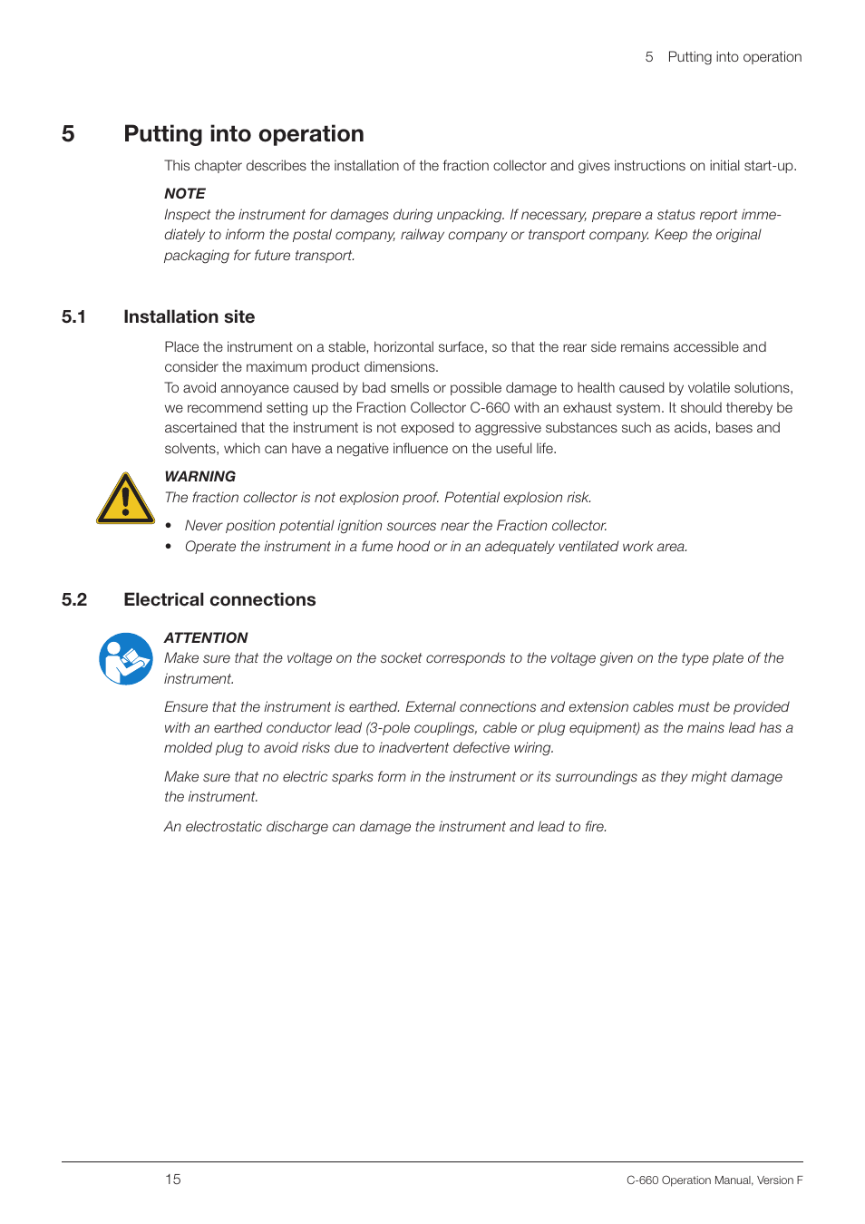 Putting into operation 5.1, Installation site, Electrical connections | 5putting into operation | BUCHI Fraction Collector C-660 User Manual | Page 15 / 36