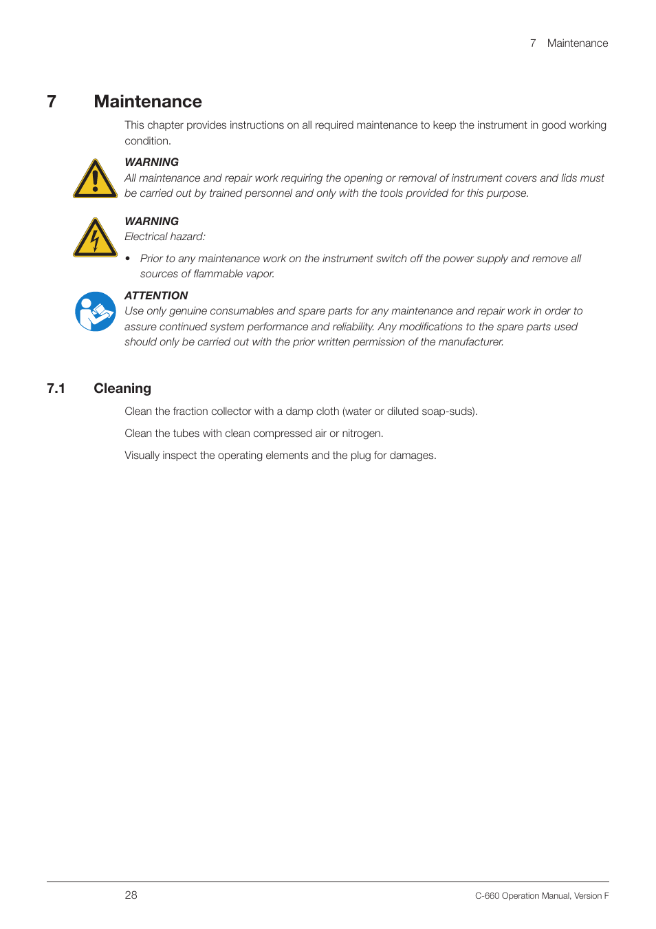 7 maintenance, 1 cleaning, 7maintenance | BUCHI Fraction Collector C-660 User Manual | Page 28 / 36