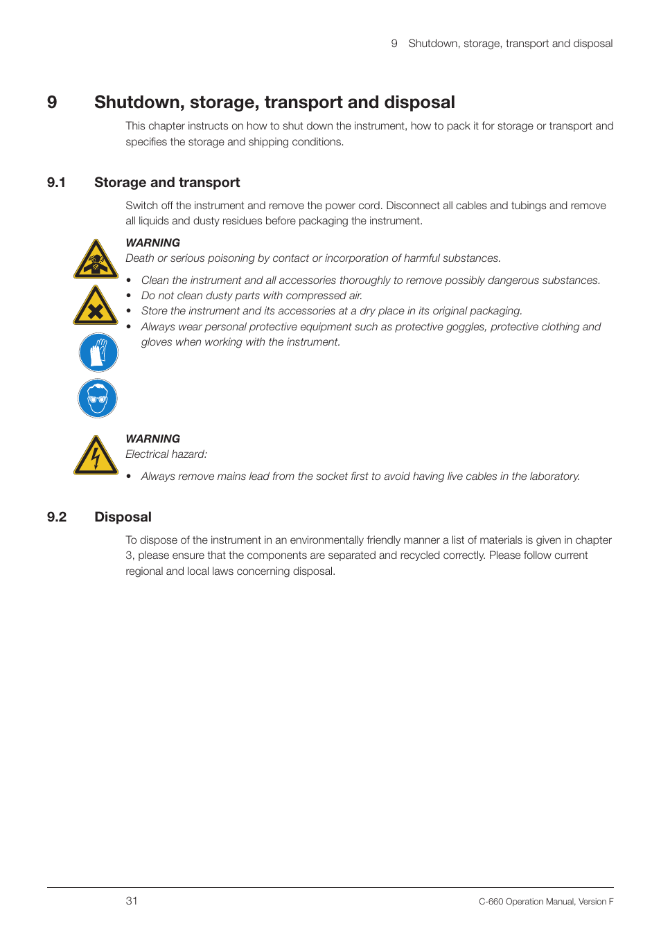 Shutdown, storage, transport and disposal 9.1, Storage and transport, 2 disposal | 9shutdown, storage, transport and disposal | BUCHI Fraction Collector C-660 User Manual | Page 31 / 36