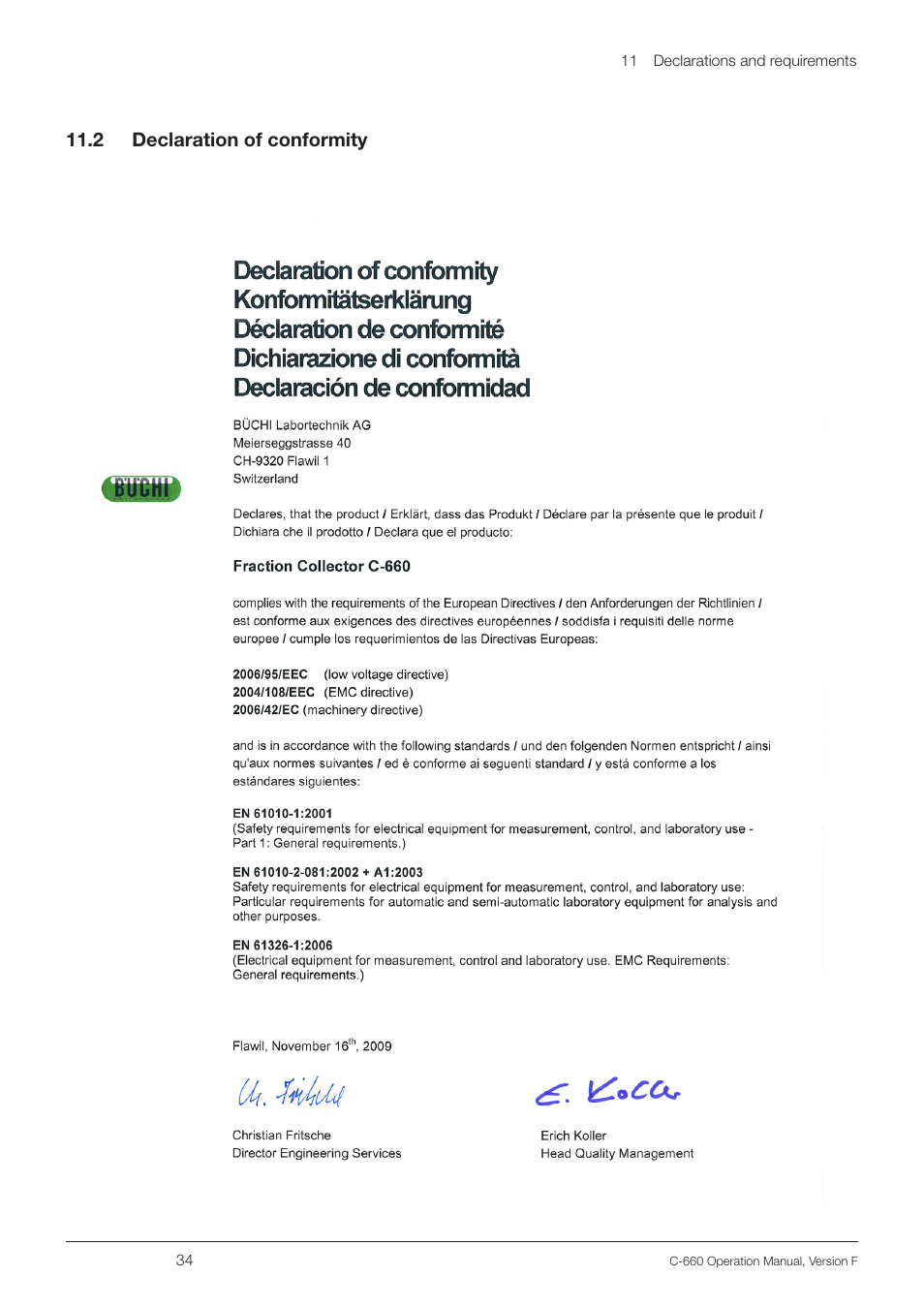 2 declaration of conformity, 11 .2 declaration of conformity | BUCHI Fraction Collector C-660 User Manual | Page 34 / 36