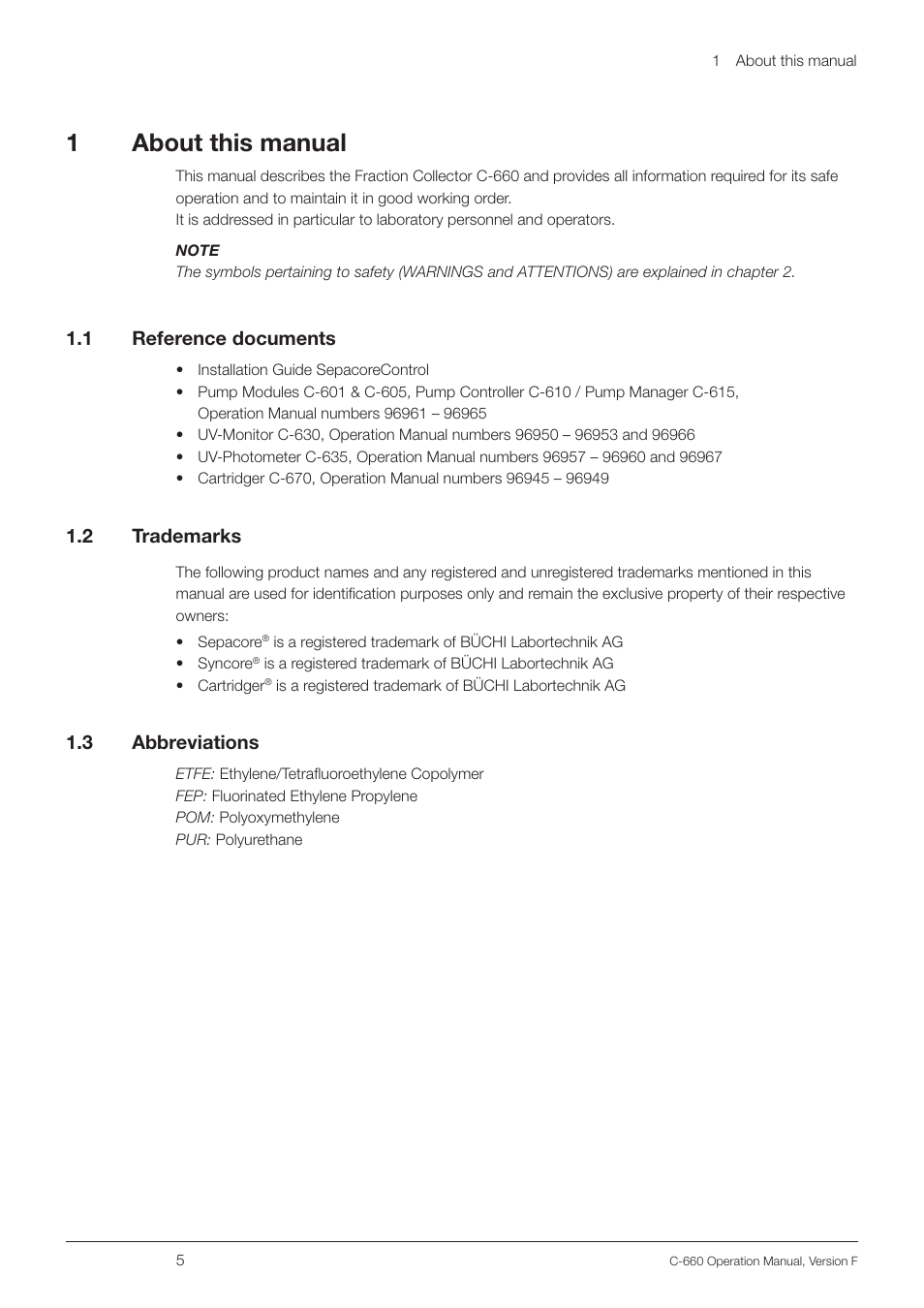 About this manual 1.1, Reference documents, 2 trademarks 1.3 abbreviations | 1about this manual, 1 .1 reference documents, 1 .2 trademarks, 1 .3 abbreviations | BUCHI Fraction Collector C-660 User Manual | Page 5 / 36