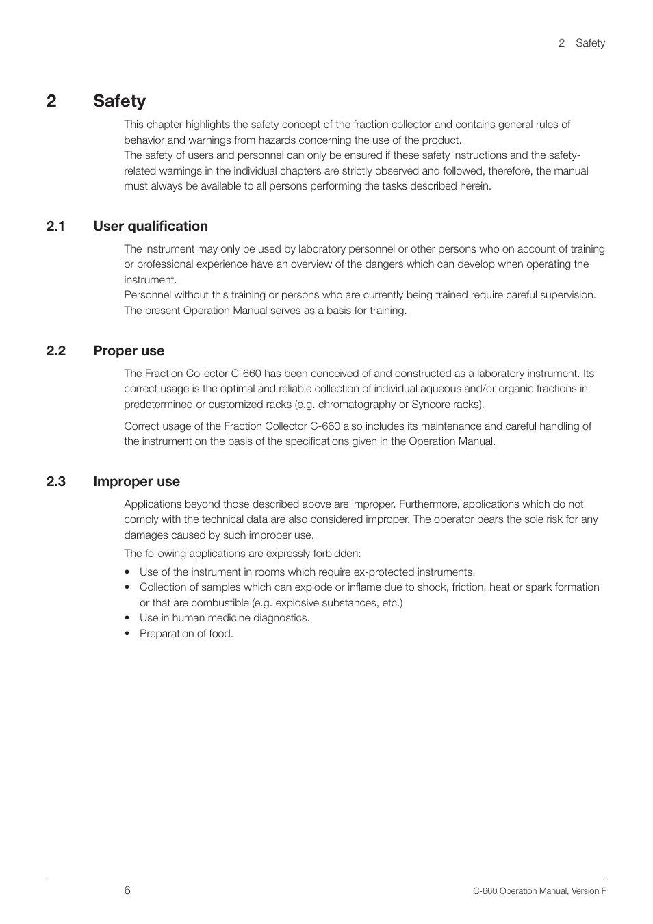 2 safety, User qualification, Proper use | Improper use, 2safety | BUCHI Fraction Collector C-660 User Manual | Page 6 / 36