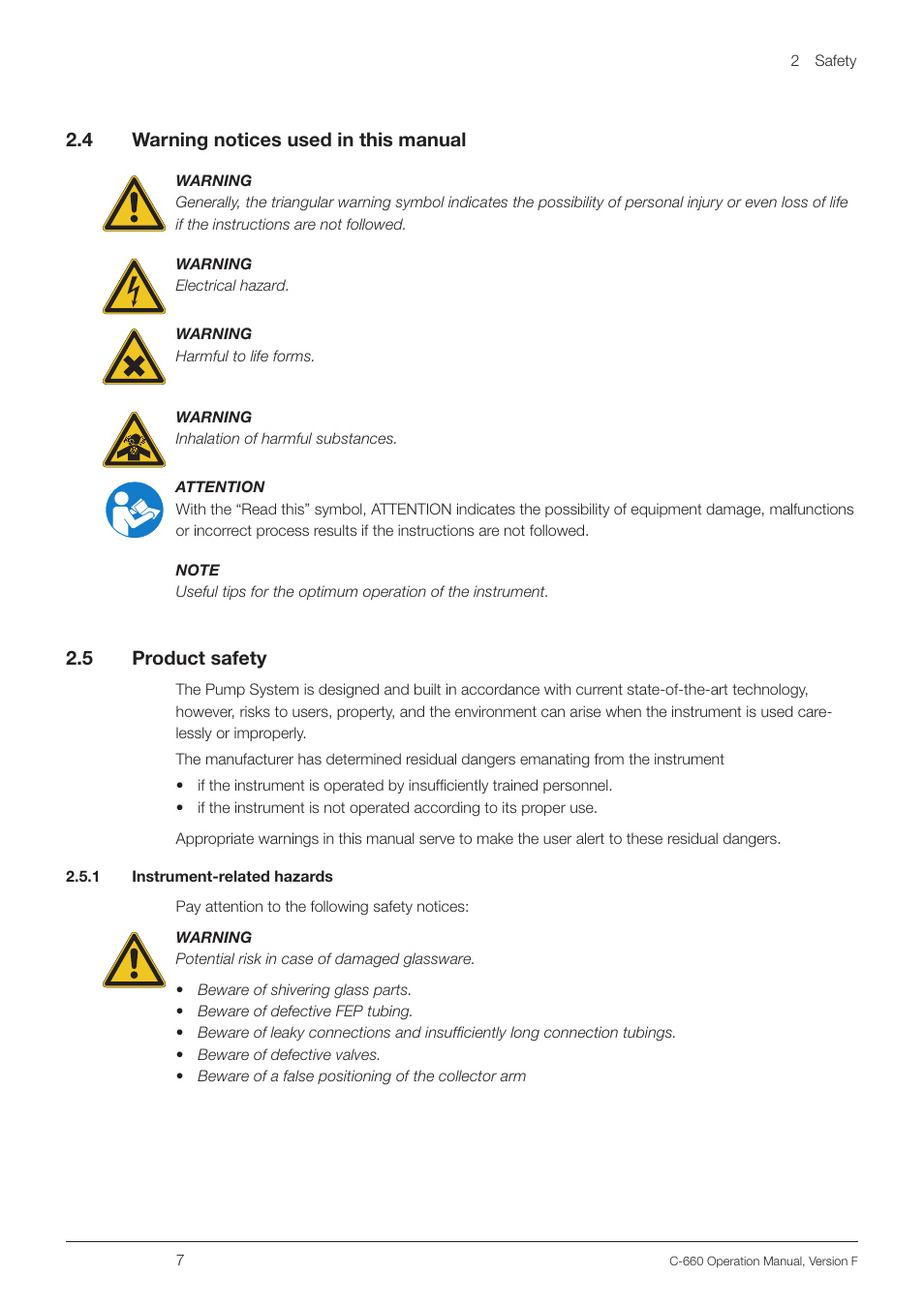 Warning notices used in this manual, Product safety, 1 instrument-related hazards | BUCHI Fraction Collector C-660 User Manual | Page 7 / 36