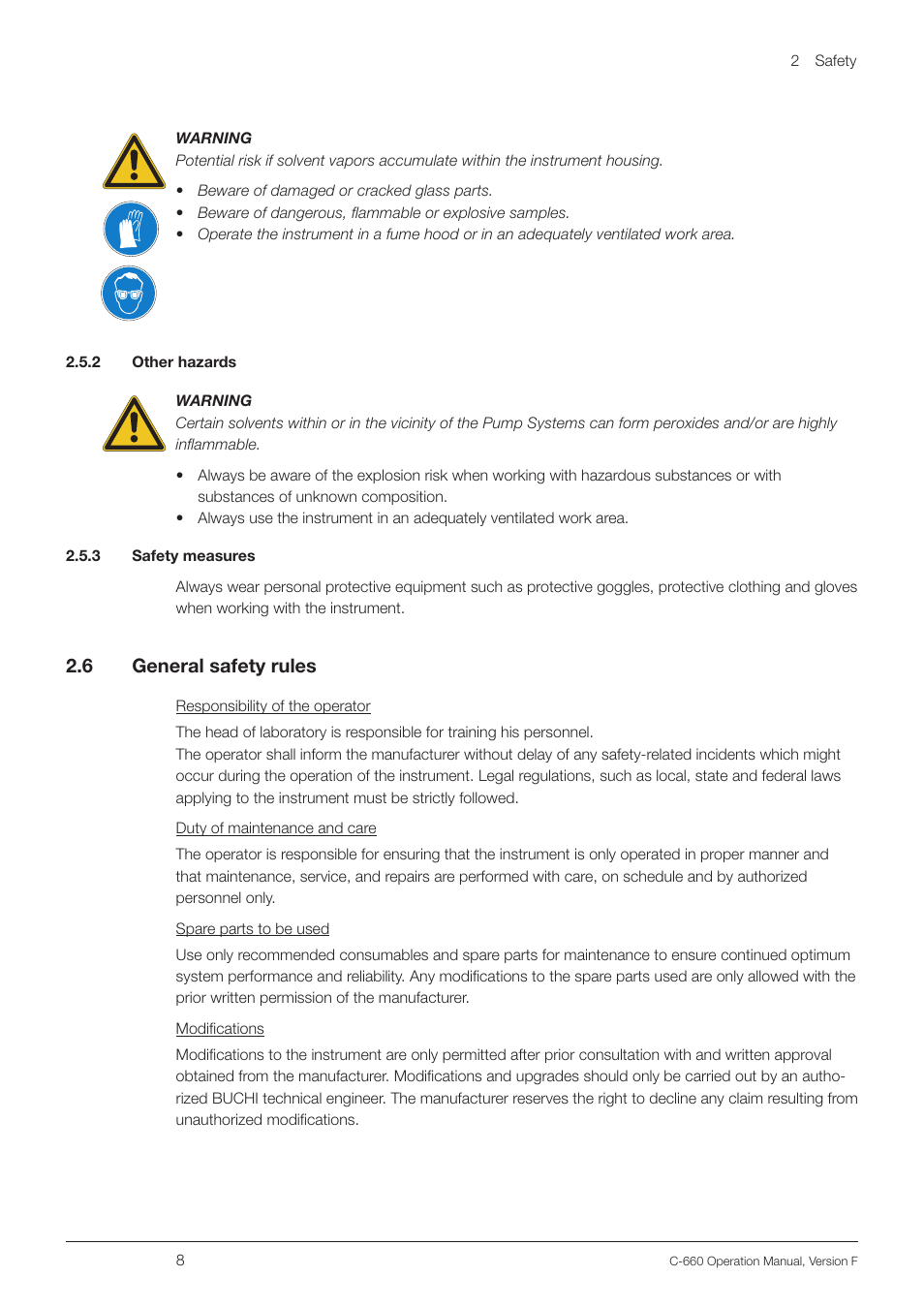2 other hazards 2.5.3 safety measures 2.6, General safety rules, 2 .6 general safety rules | BUCHI Fraction Collector C-660 User Manual | Page 8 / 36