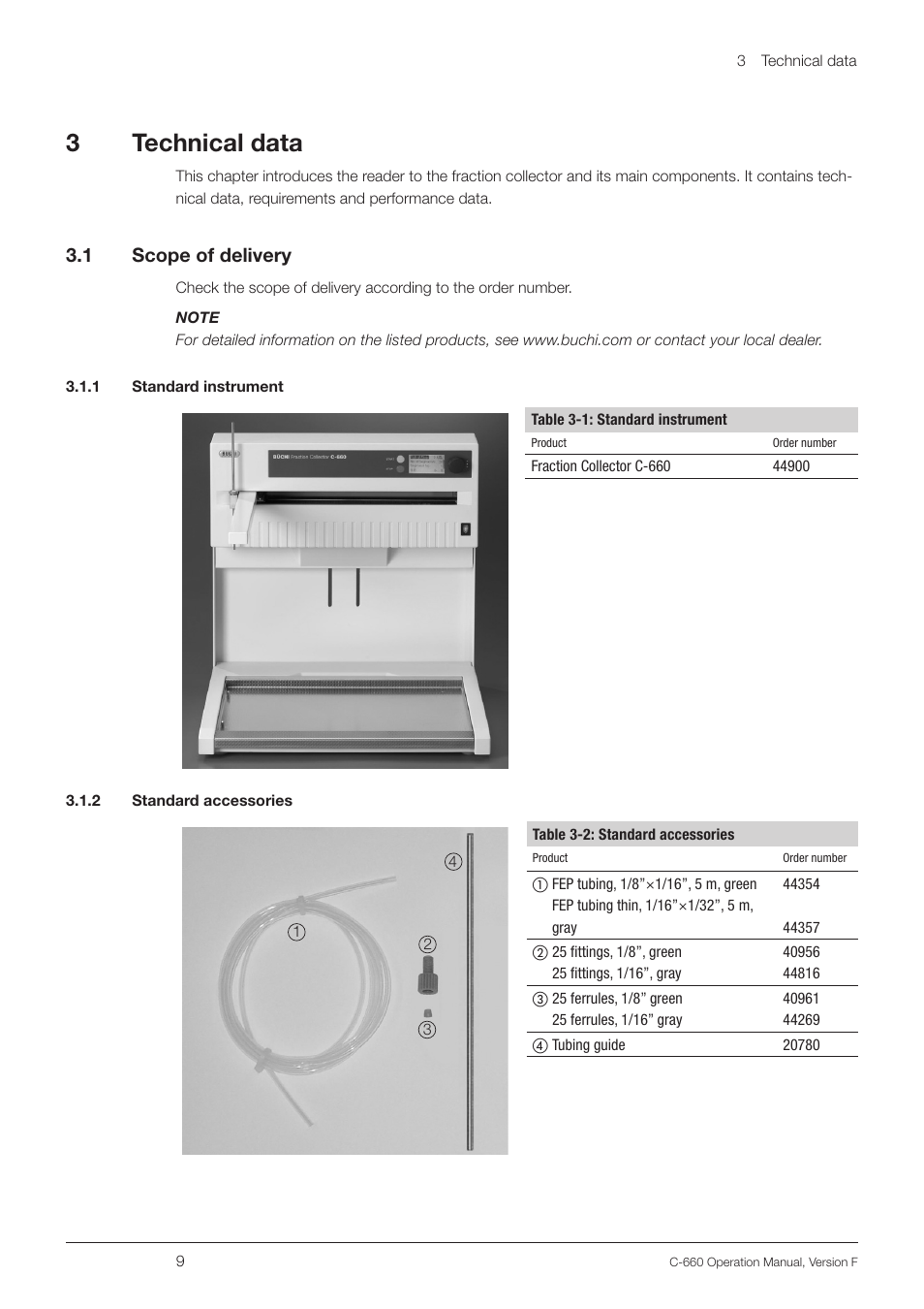 Technical data 3.1, Scope of delivery, 1 standard instrument 3.1.2 standard accessories | 3technical data, 3 .1 scope of delivery | BUCHI Fraction Collector C-660 User Manual | Page 9 / 36