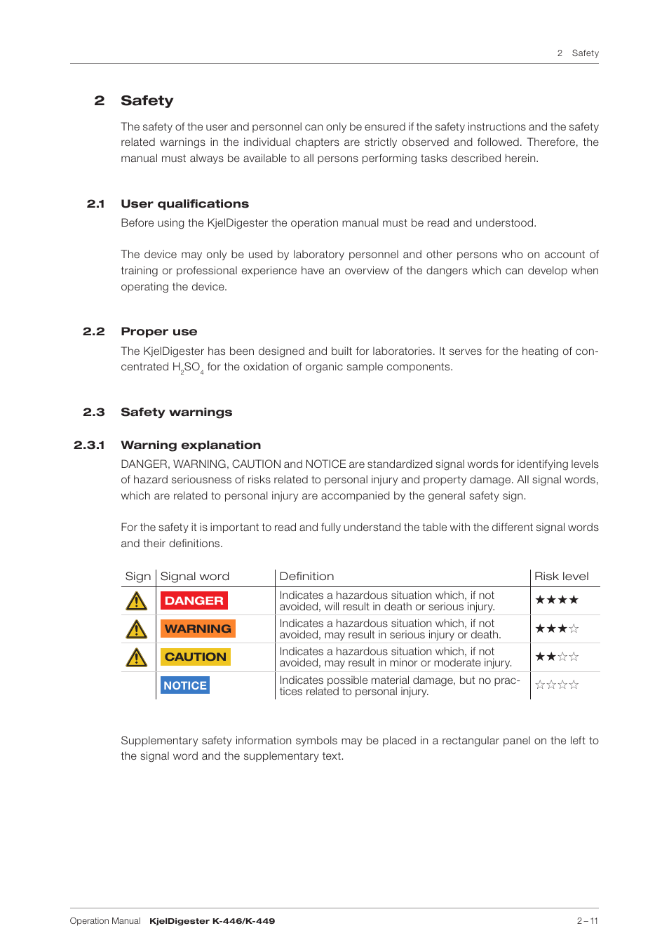 2 safety, 1 user qualifications, 2 proper use | 3 safety warnings, 1 warning explanation | BUCHI KjelDigester K-449 User Manual | Page 11 / 74