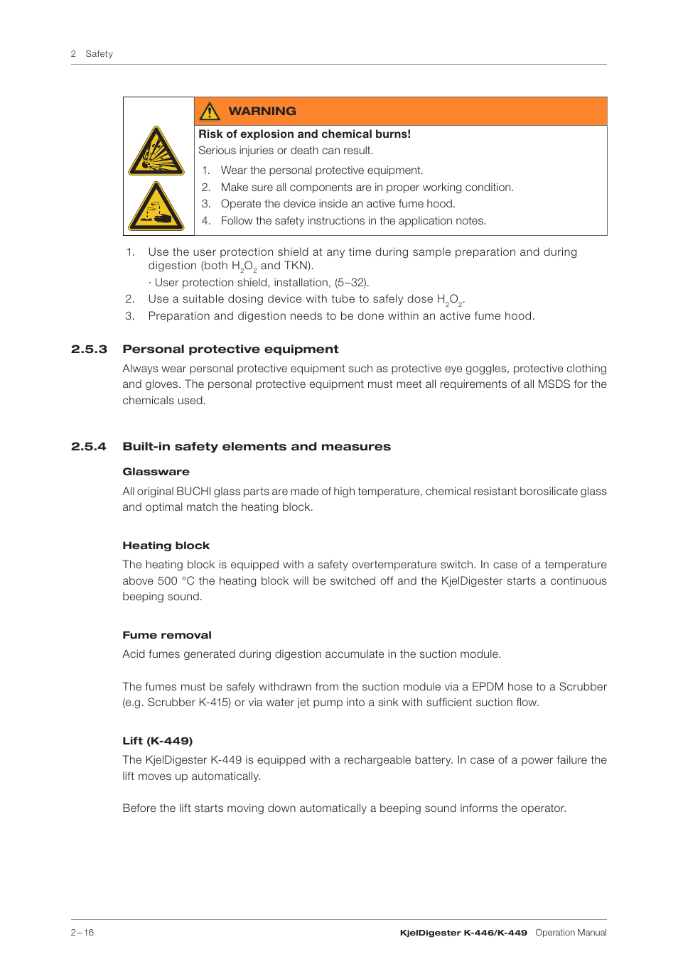 3 personal protective equipment, 4 built-in safety elements and measures | BUCHI KjelDigester K-449 User Manual | Page 16 / 74