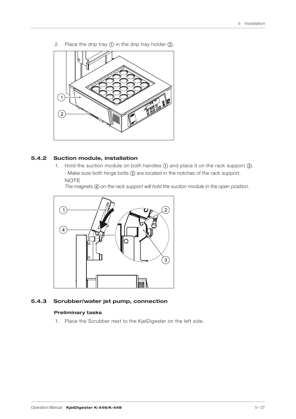 2 suction module, installation, 3 scrubber/water jet pump, connection | BUCHI KjelDigester K-449 User Manual | Page 27 / 74