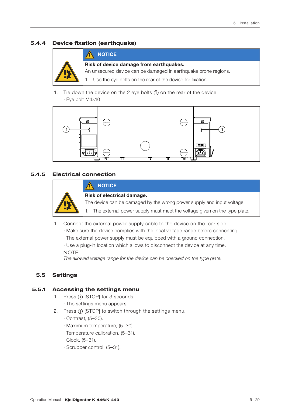 4 device fixation (earthquake), 5 electrical connection, 5 settings | 1 accessing the settings menu | BUCHI KjelDigester K-449 User Manual | Page 29 / 74