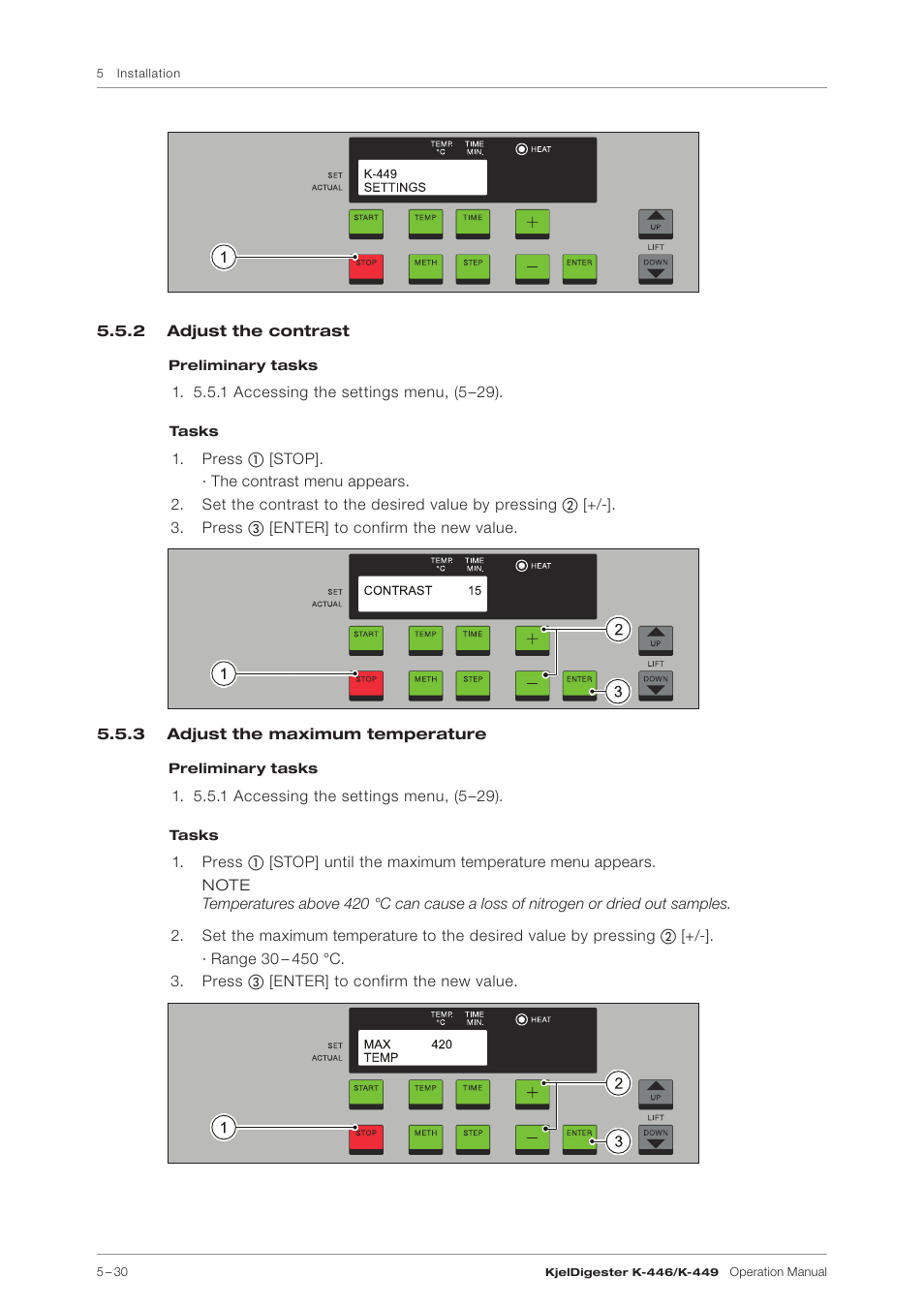 2 adjust the contrast, 3 adjust the maximum temperature | BUCHI KjelDigester K-449 User Manual | Page 30 / 74