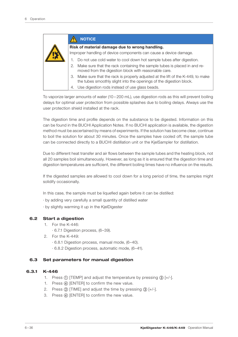 2 start a digestion, 3 set parameters for manual digestion, 1 k-446 | BUCHI KjelDigester K-449 User Manual | Page 36 / 74