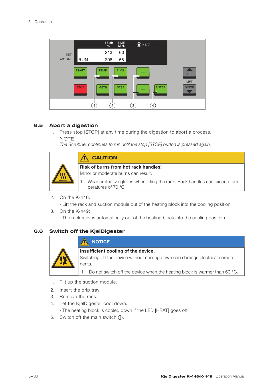 5 abort a digestion, 6 switch off the kjeldigester | BUCHI KjelDigester K-449 User Manual | Page 38 / 74