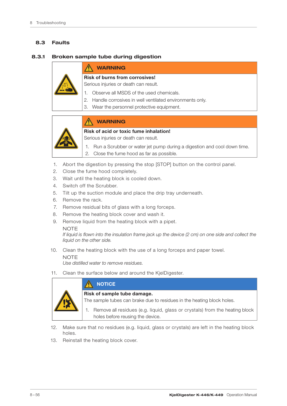 3 faults, 1 broken sample tube during digestion | BUCHI KjelDigester K-449 User Manual | Page 56 / 74