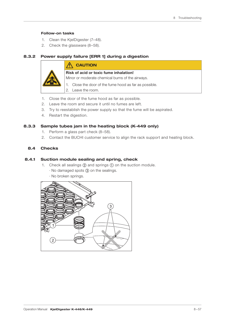 2 power supply failure [err 1] during a digestion, 4 checks, 1 suction module sealing and spring, check | BUCHI KjelDigester K-449 User Manual | Page 57 / 74