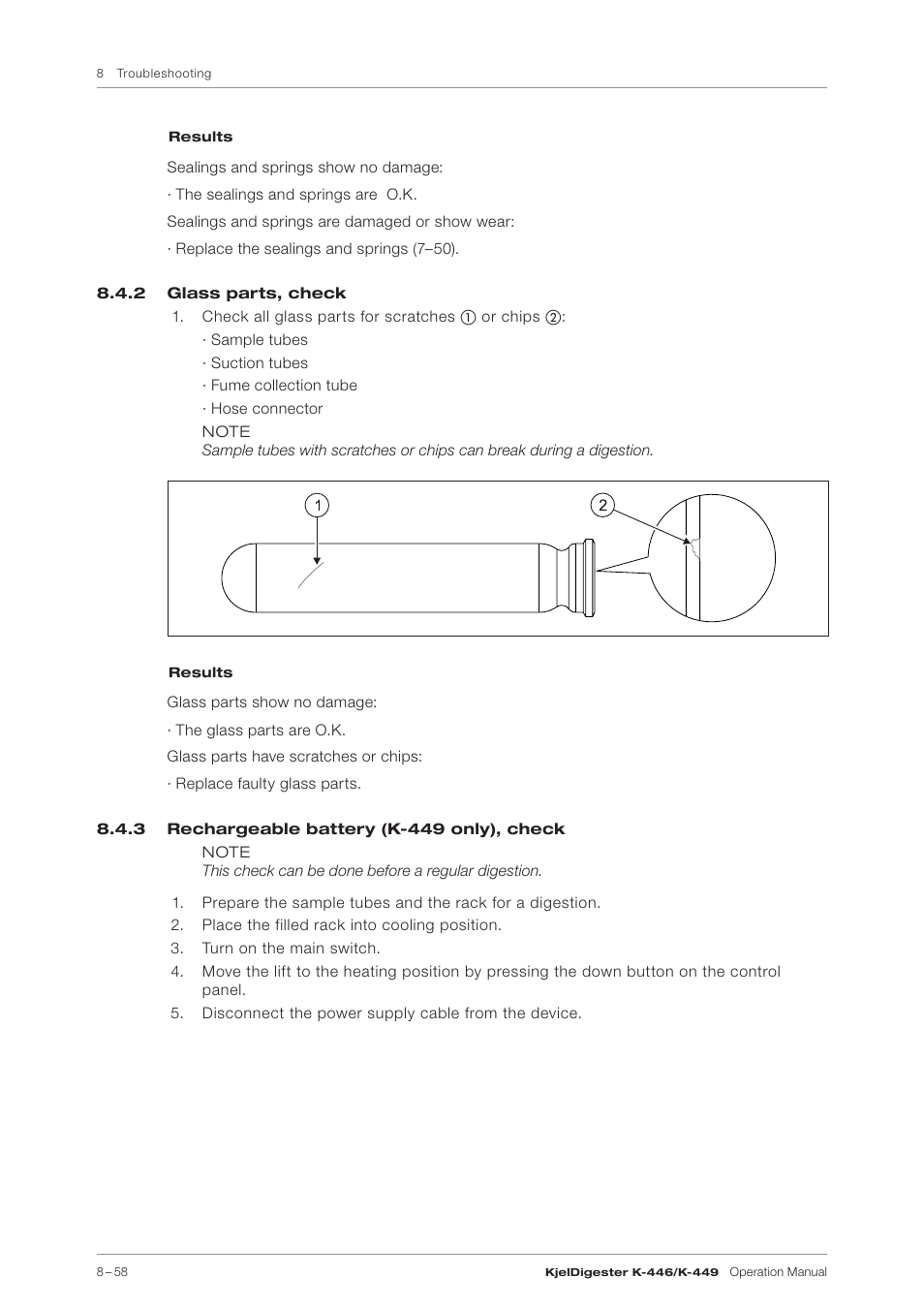 2 glass parts, check, 3 rechargeable battery (k-449 only), check | BUCHI KjelDigester K-449 User Manual | Page 58 / 74