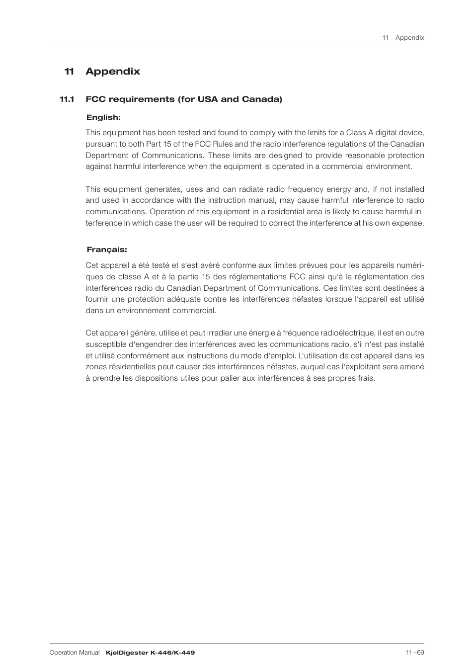 11 appendix, 1 fcc requirements (for usa and canada) | BUCHI KjelDigester K-449 User Manual | Page 69 / 74