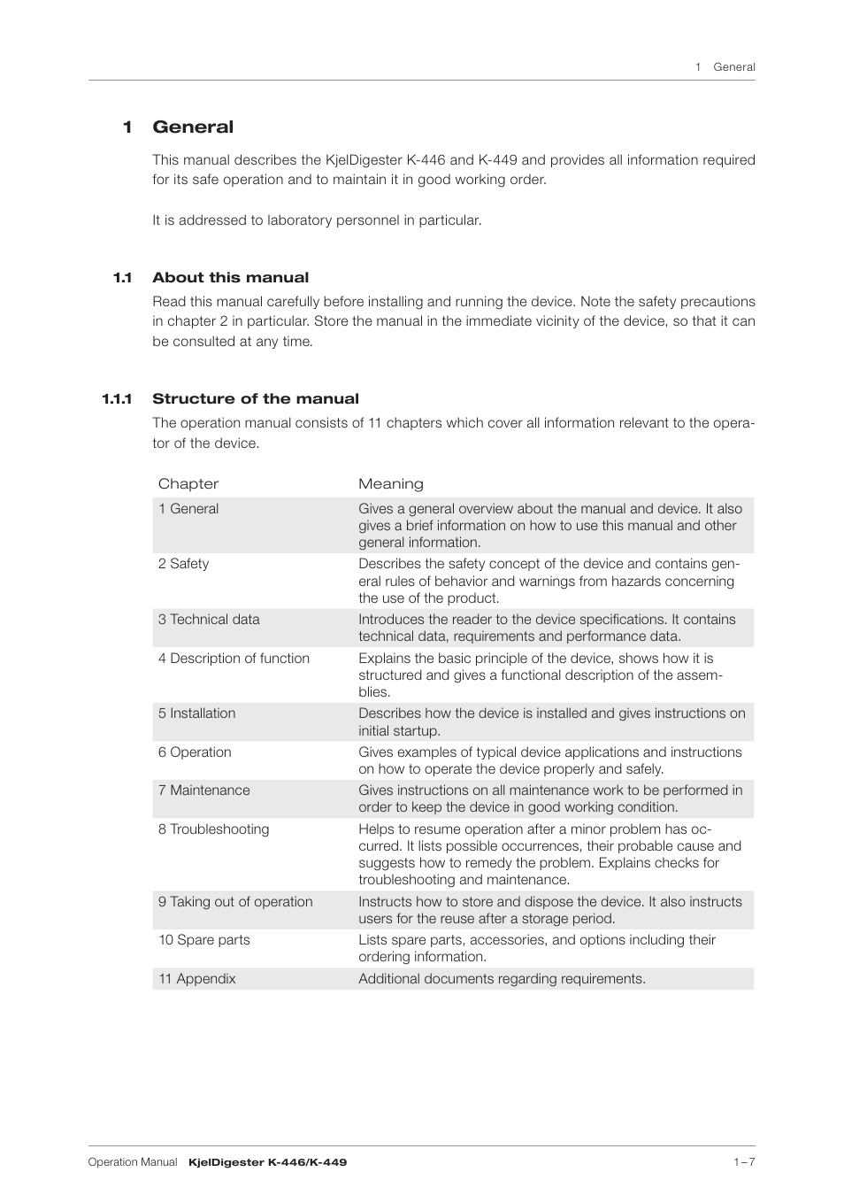 1 general, 1 about this manual, 1 structure of the manual | BUCHI KjelDigester K-449 User Manual | Page 7 / 74