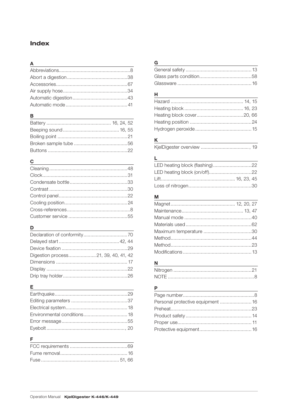 Index | BUCHI KjelDigester K-449 User Manual | Page 71 / 74