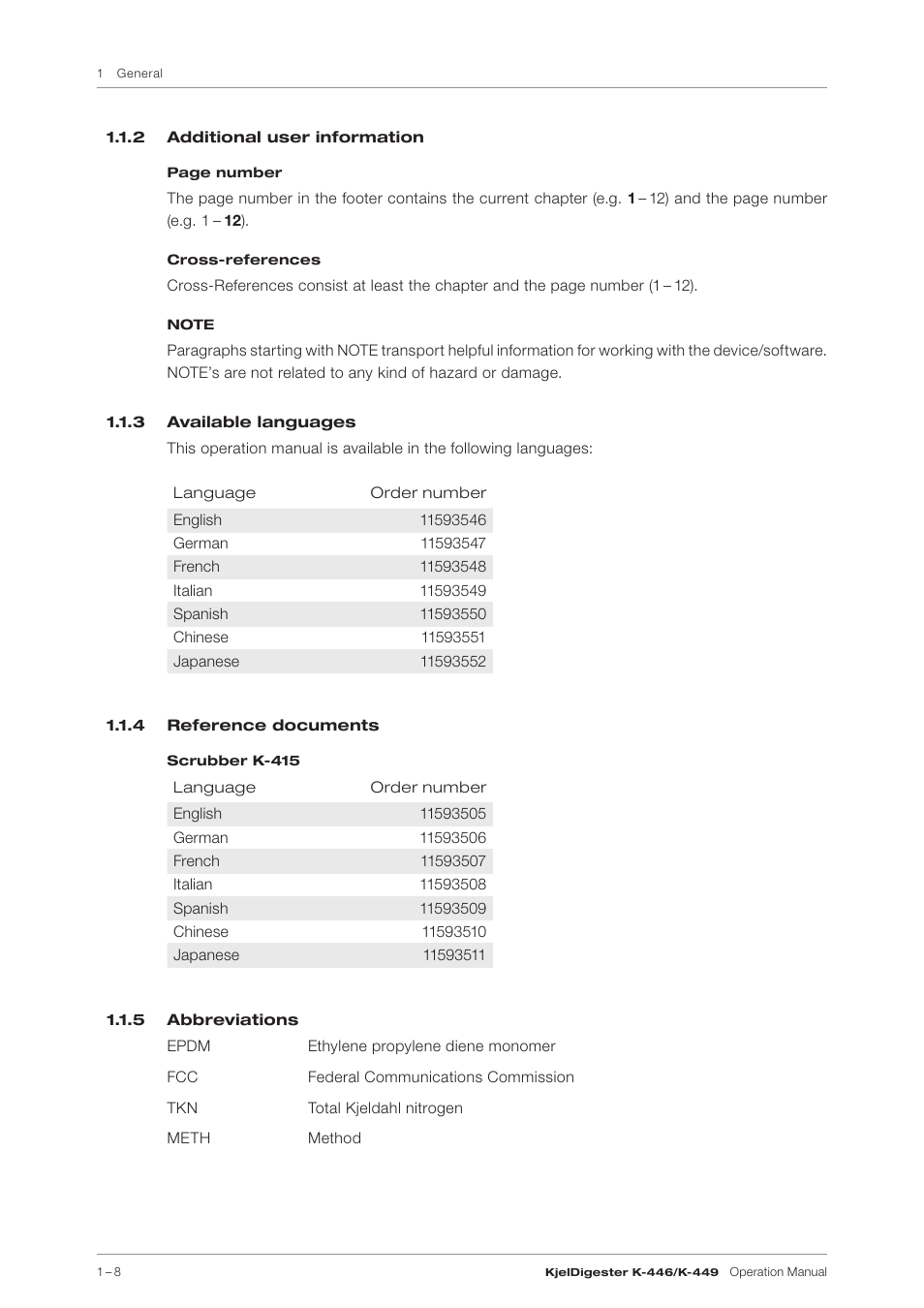 2 additional user information, 3 available languages, 4 reference documents | 5 abbreviations | BUCHI KjelDigester K-449 User Manual | Page 8 / 74