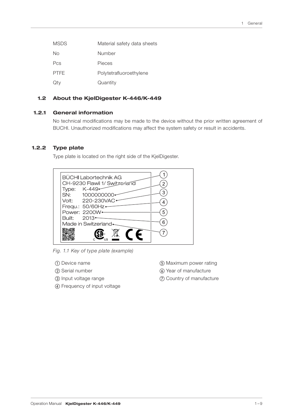 2 about the kjeldigester k-446/k-449, 1 general information, 2 type plate | 1 general information 1.2.2 type plate | BUCHI KjelDigester K-449 User Manual | Page 9 / 74