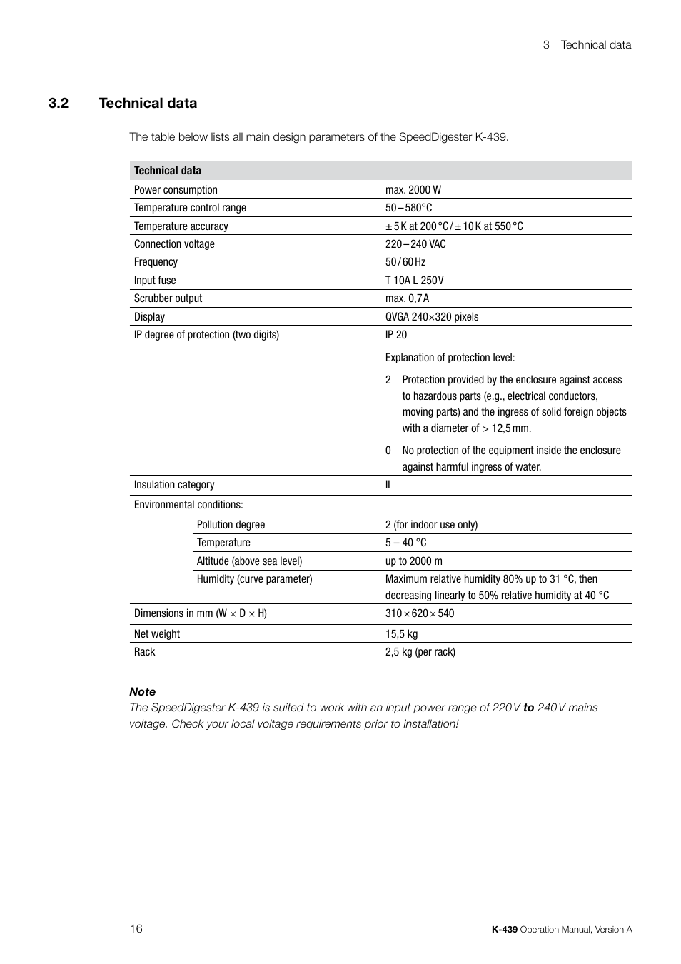 3 .2 technical data | BUCHI SpeedDigester K-439 User Manual | Page 16 / 70