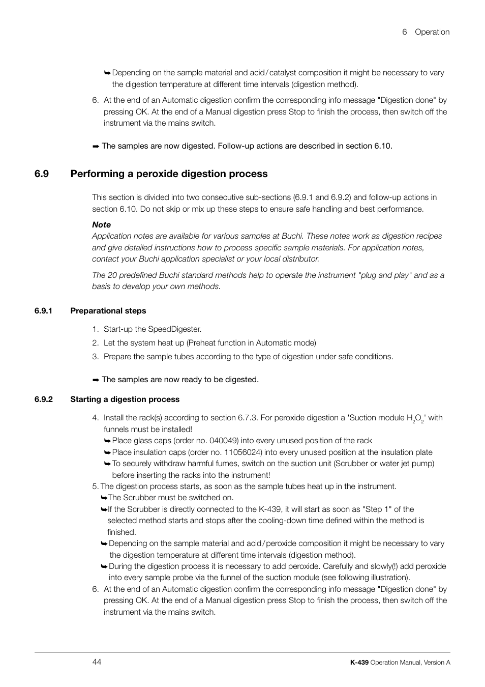 6 .9 performing a peroxide digestion process | BUCHI SpeedDigester K-439 User Manual | Page 44 / 70