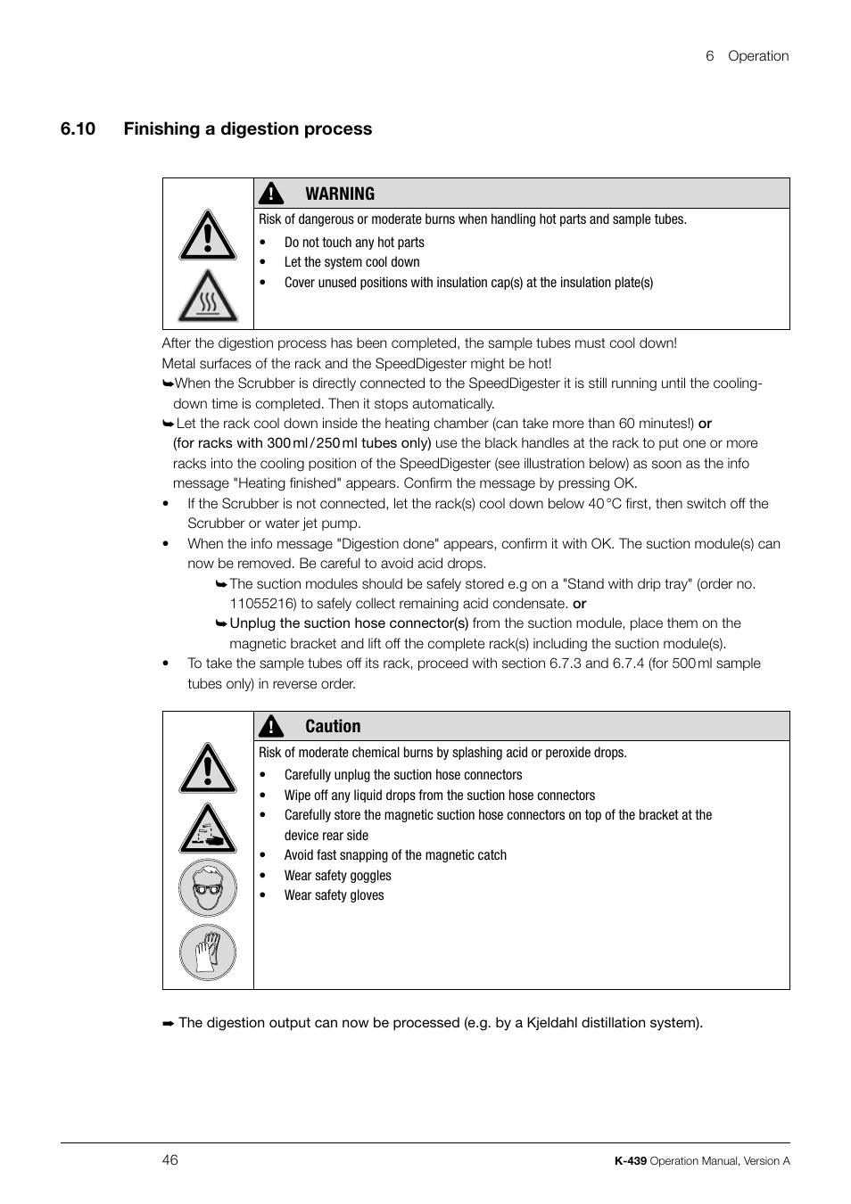 6 .10 finishing a digestion process, Warning, Caution | BUCHI SpeedDigester K-439 User Manual | Page 46 / 70