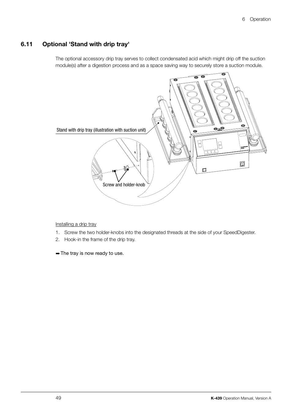 6 .11 optional 'stand with drip tray | BUCHI SpeedDigester K-439 User Manual | Page 49 / 70