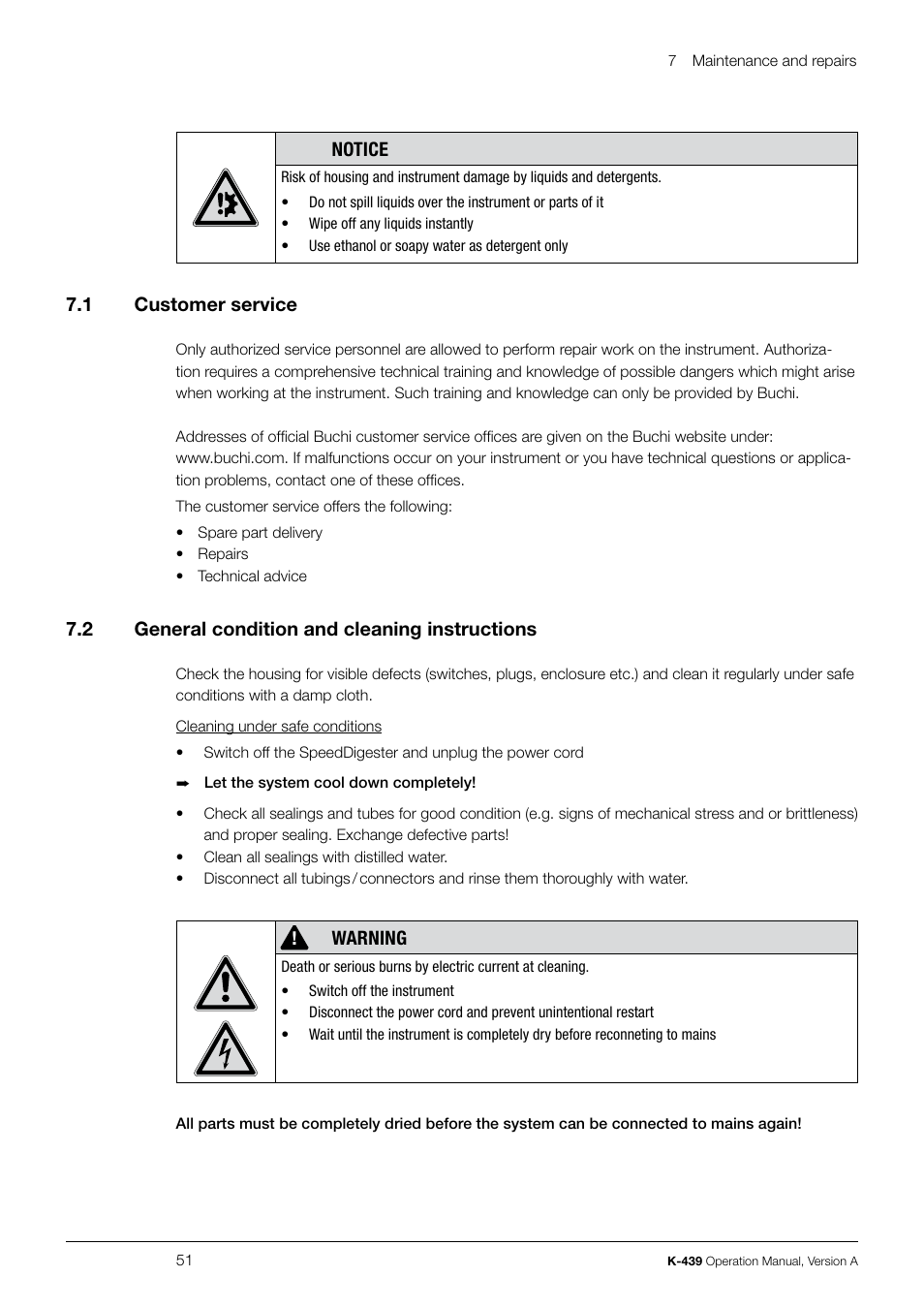 Notice, 7 .1 customer service, 7 .2 general condition and cleaning instructions | Warning | BUCHI SpeedDigester K-439 User Manual | Page 51 / 70