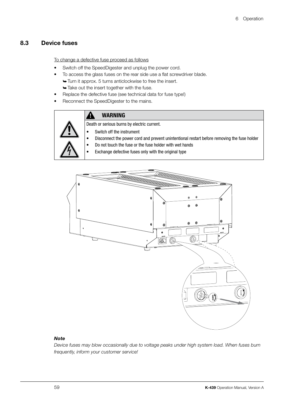 8 .3 device fuses, Warning | BUCHI SpeedDigester K-439 User Manual | Page 59 / 70