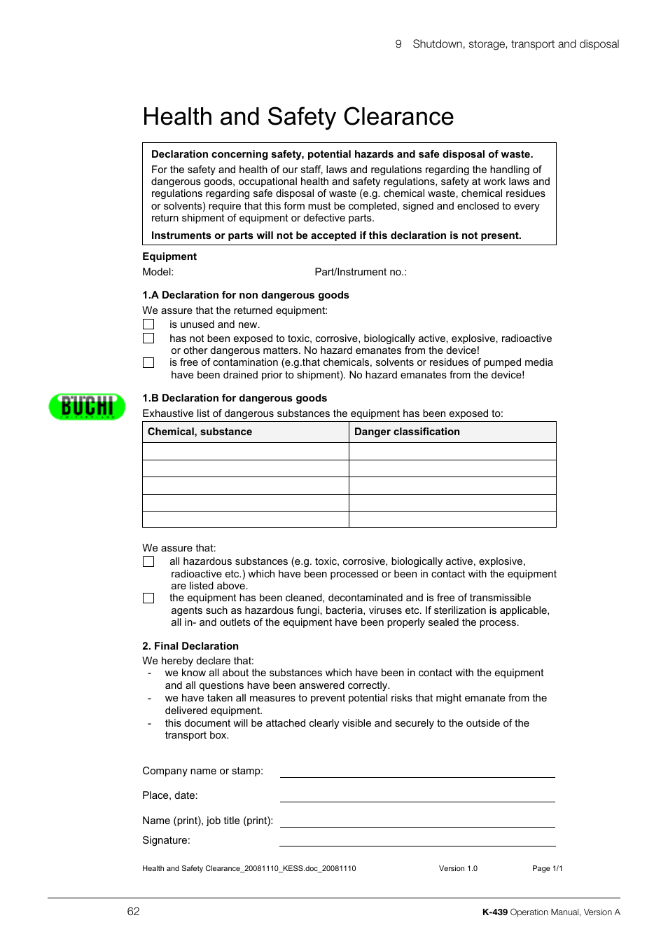 Health and safety clearance | BUCHI SpeedDigester K-439 User Manual | Page 62 / 70