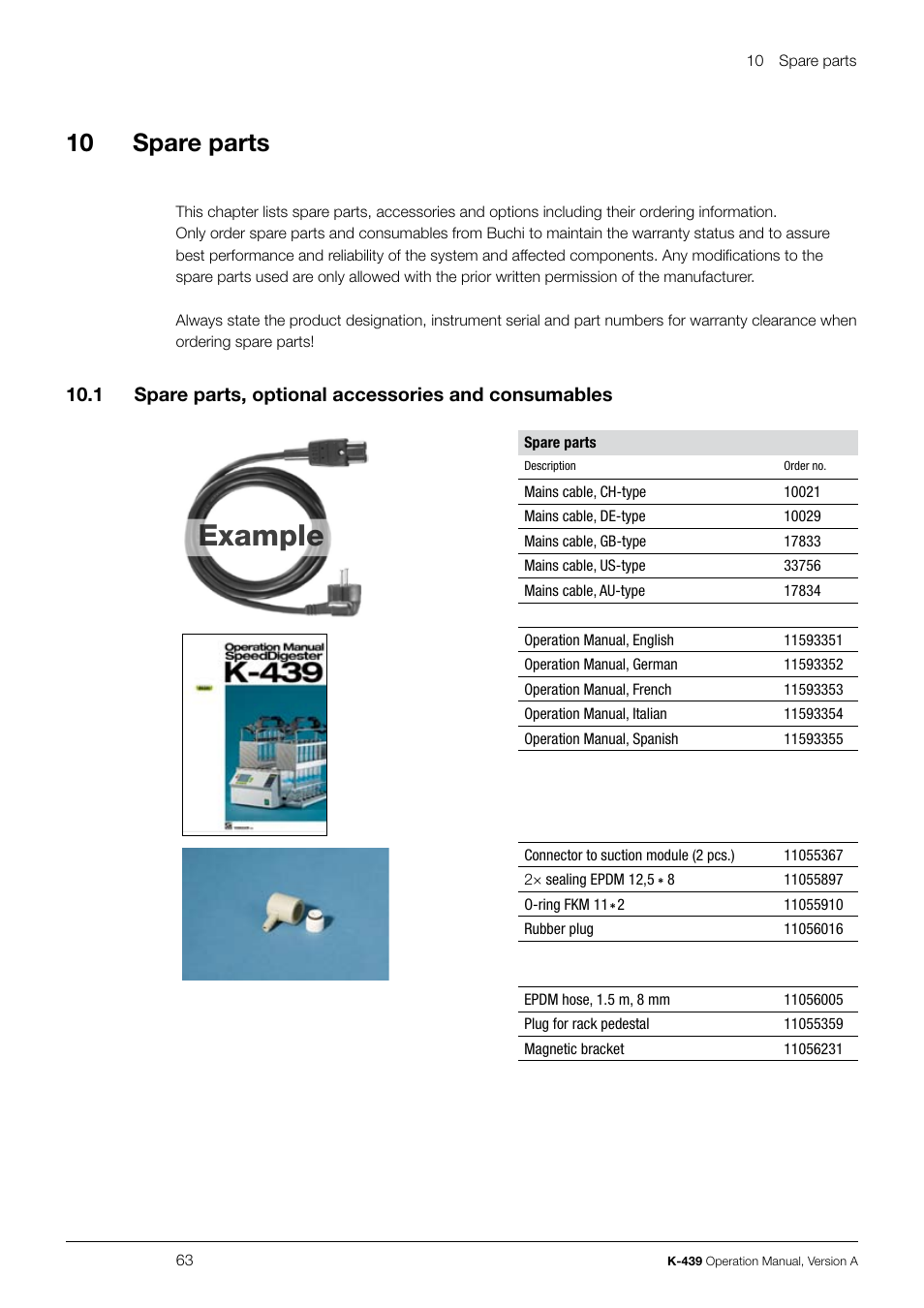 Example, 10 spare parts | BUCHI SpeedDigester K-439 User Manual | Page 63 / 70