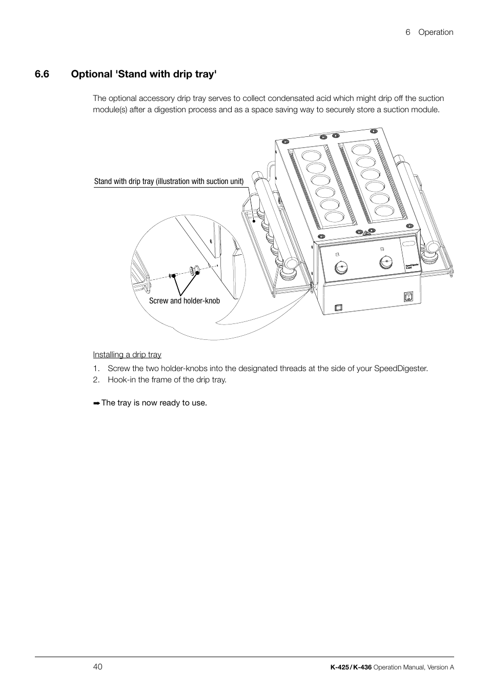 6 .6 optional 'stand with drip tray | BUCHI SpeedDigester K-436 User Manual | Page 40 / 58