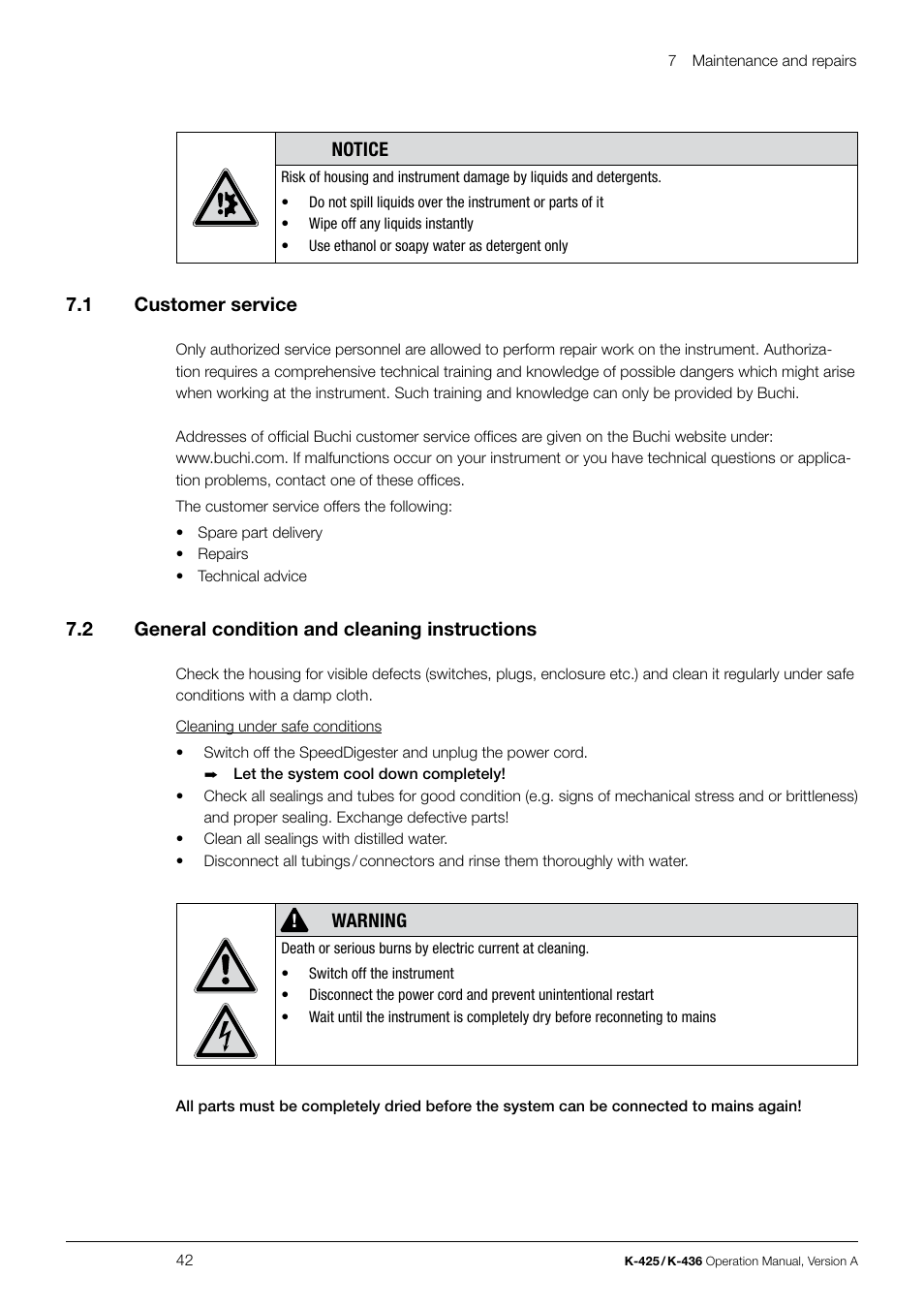 Notice, 7 .1 customer service, 7 .2 general condition and cleaning instructions | Warning | BUCHI SpeedDigester K-436 User Manual | Page 42 / 58