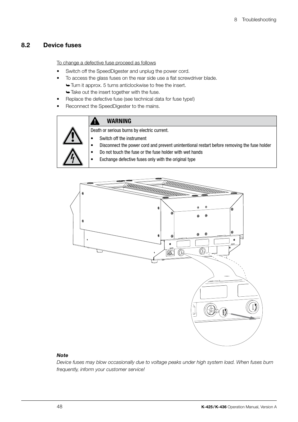 8 .2 device fuses, Warning | BUCHI SpeedDigester K-436 User Manual | Page 48 / 58