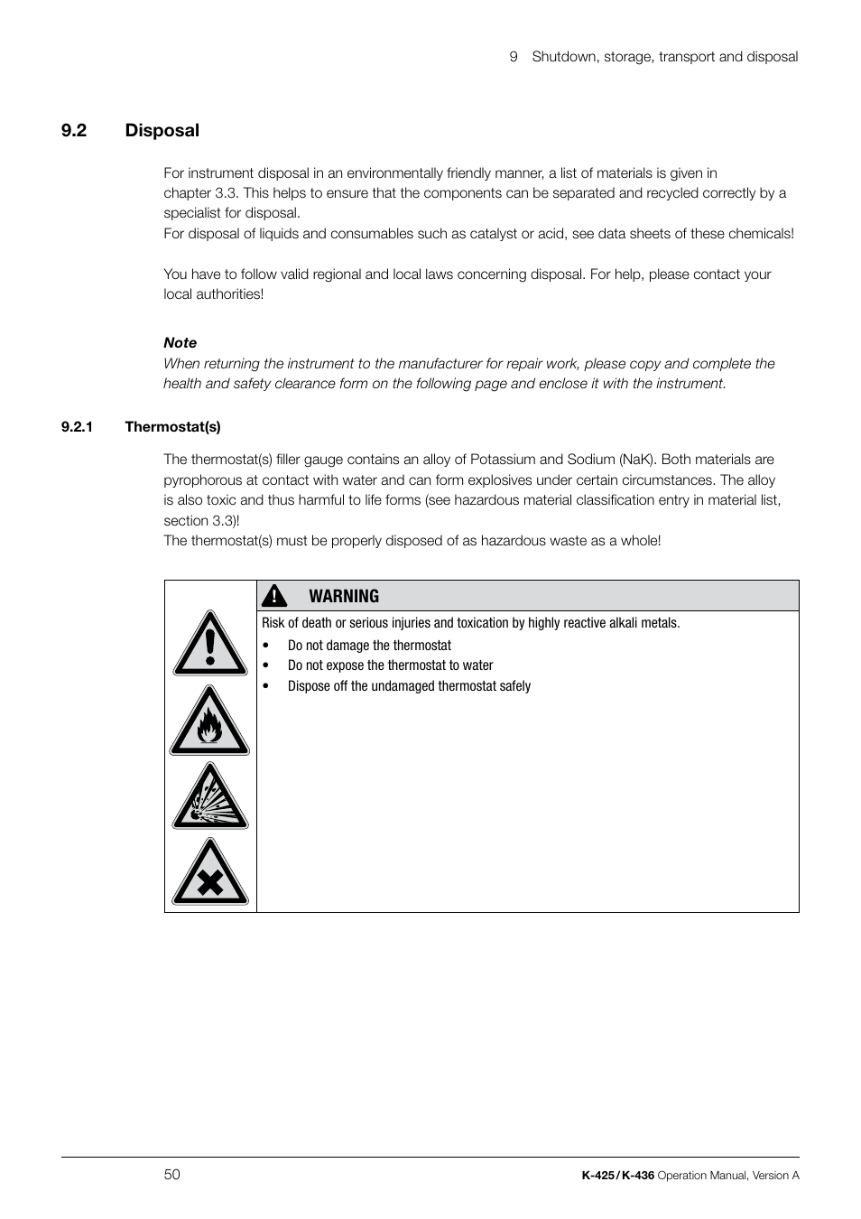 9 .2 disposal, Warning | BUCHI SpeedDigester K-436 User Manual | Page 50 / 58