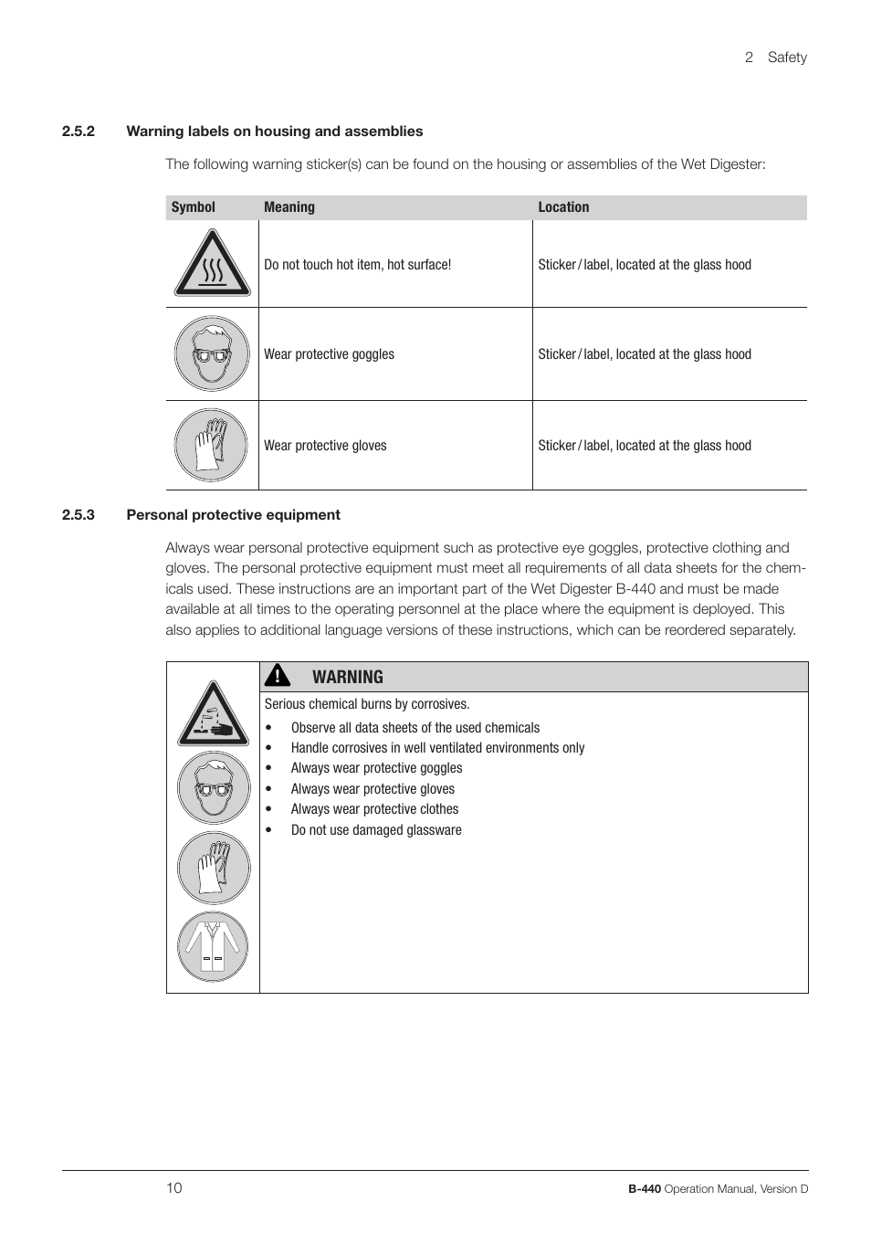Warning | BUCHI Wet Digester B-440 User Manual | Page 10 / 42