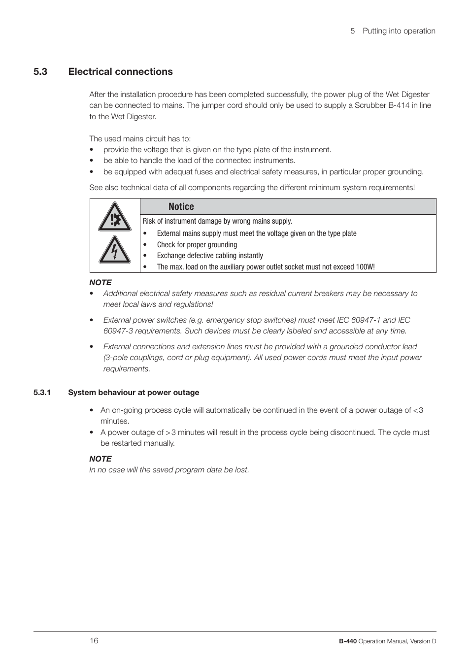 3 electrical connections, Notice | BUCHI Wet Digester B-440 User Manual | Page 16 / 42