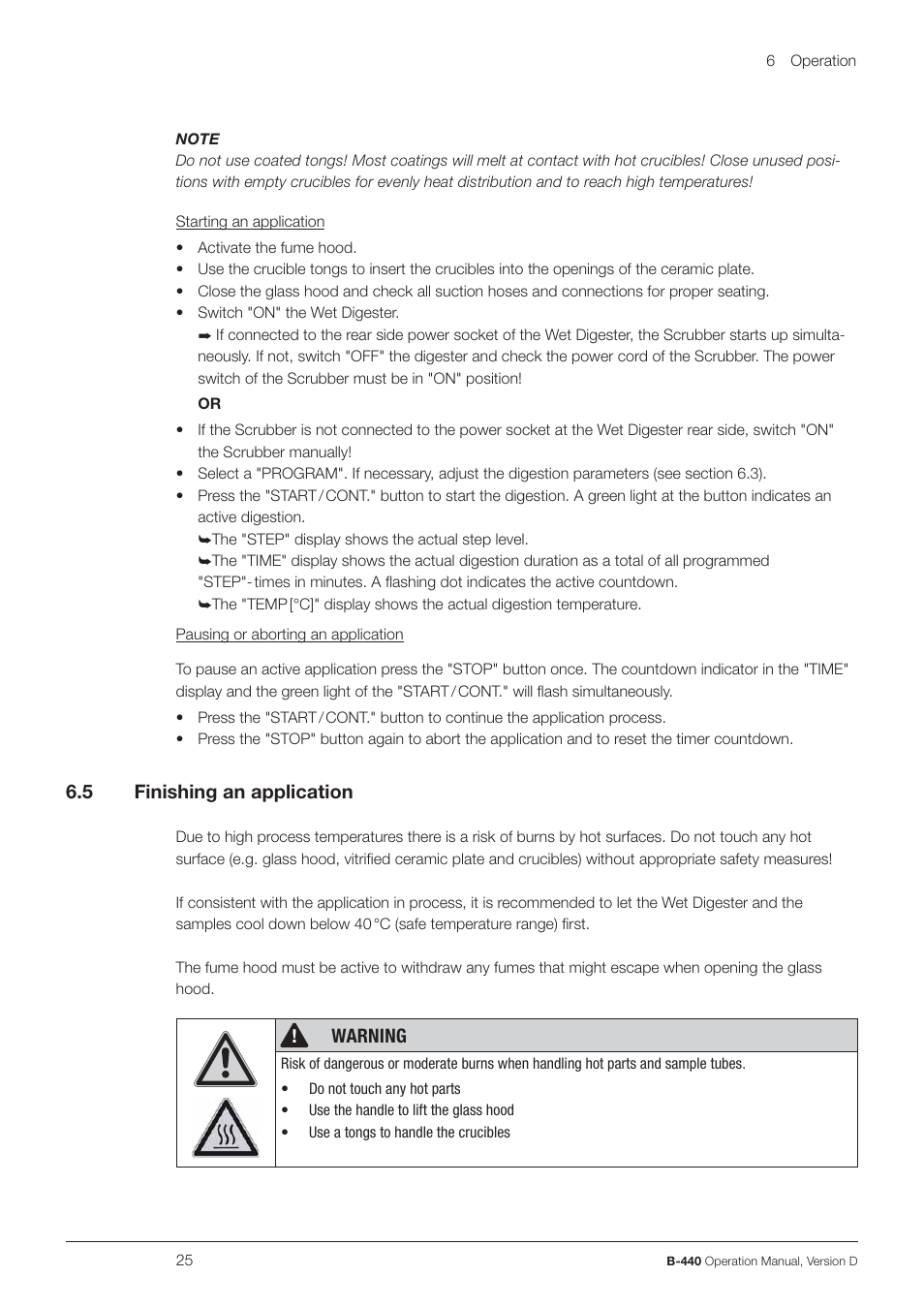 5 finishing an application, Warning | BUCHI Wet Digester B-440 User Manual | Page 25 / 42