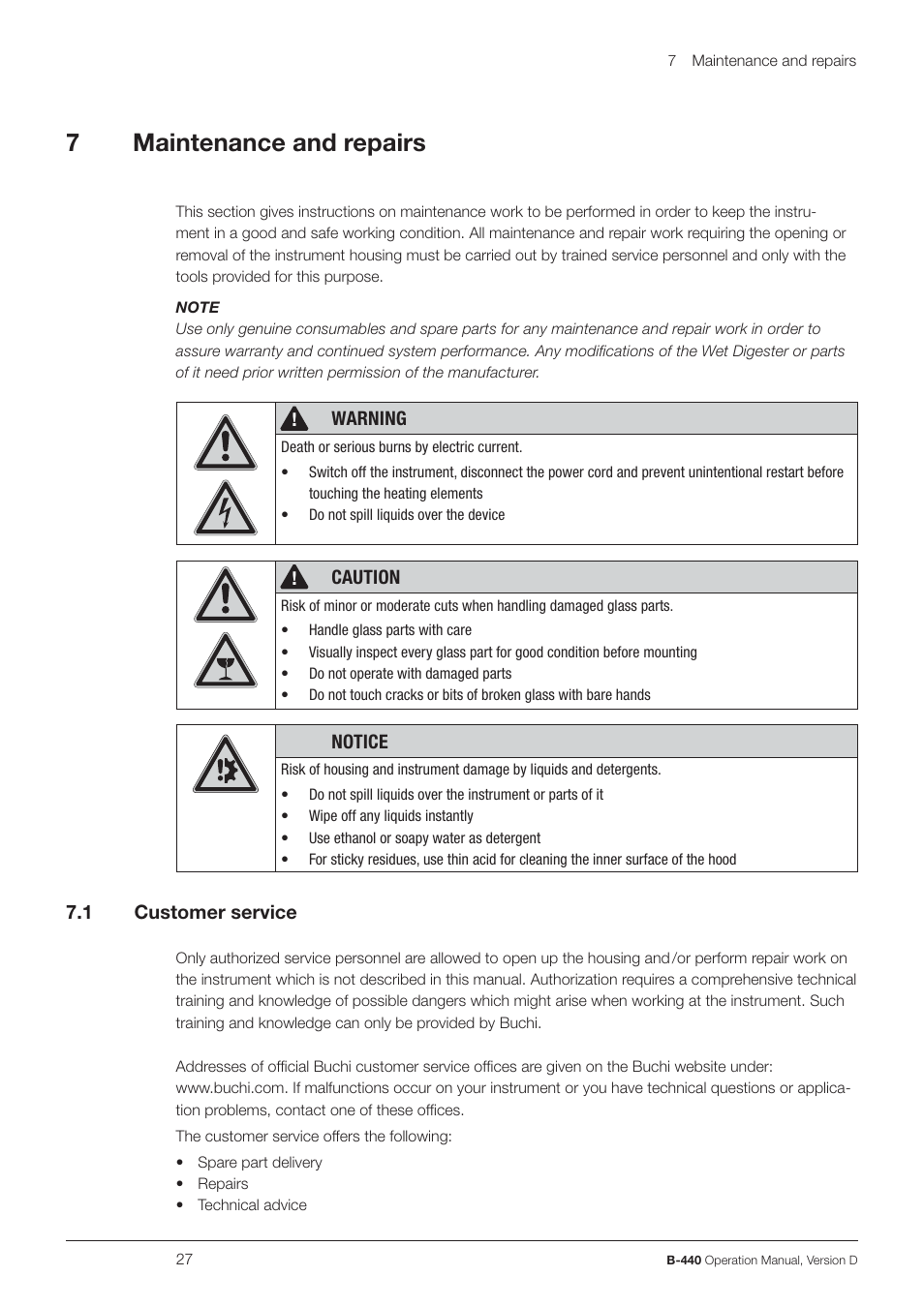 7maintenance and repairs | BUCHI Wet Digester B-440 User Manual | Page 27 / 42