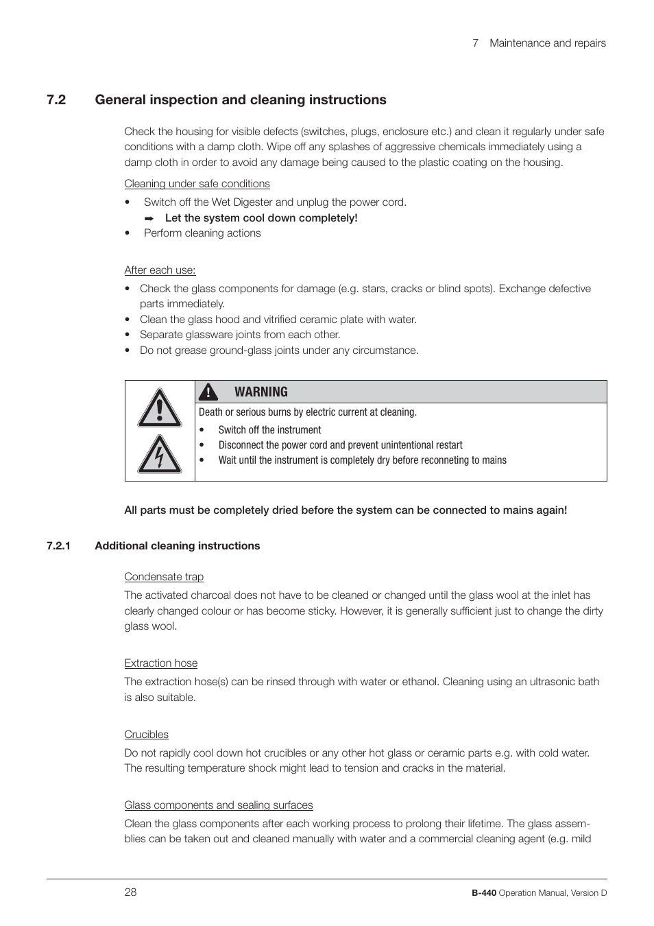 2 general inspection and cleaning instructions, Warning | BUCHI Wet Digester B-440 User Manual | Page 28 / 42
