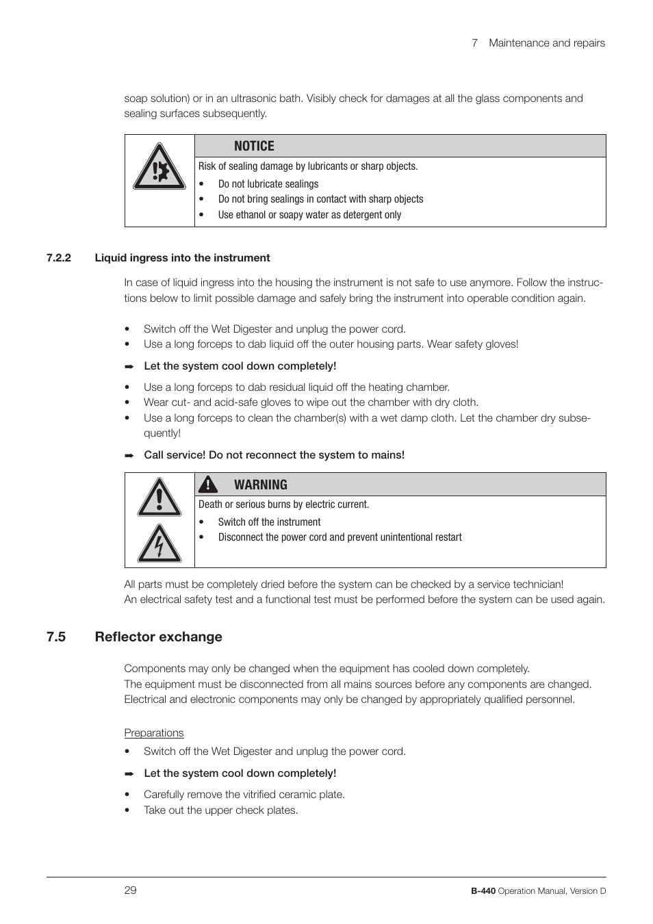 Notice, Warning, 5 reﬂector exchange | BUCHI Wet Digester B-440 User Manual | Page 29 / 42