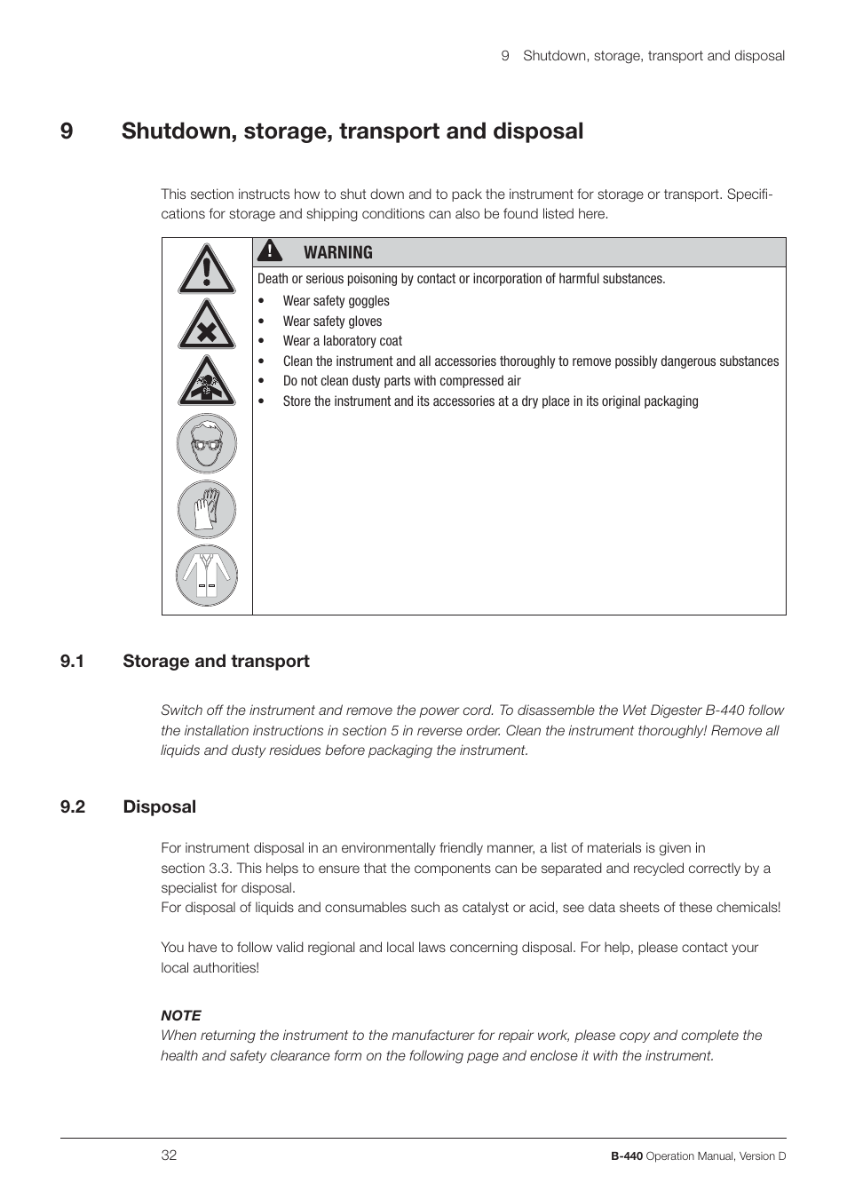 9shutdown, storage, transport and disposal | BUCHI Wet Digester B-440 User Manual | Page 32 / 42