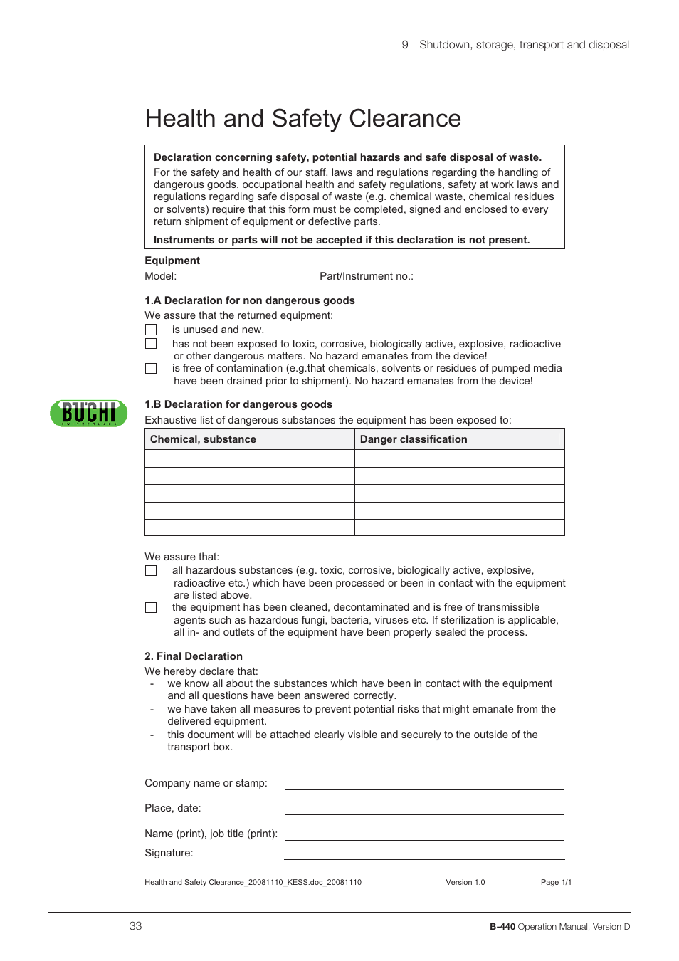 Health and safety clearance | BUCHI Wet Digester B-440 User Manual | Page 33 / 42