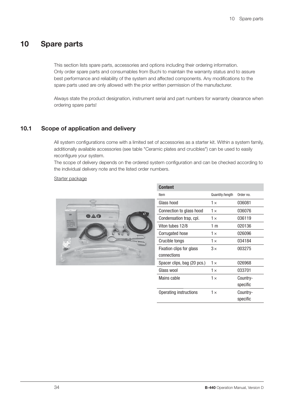 10 spare parts, 1 scope of application and delivery | BUCHI Wet Digester B-440 User Manual | Page 34 / 42